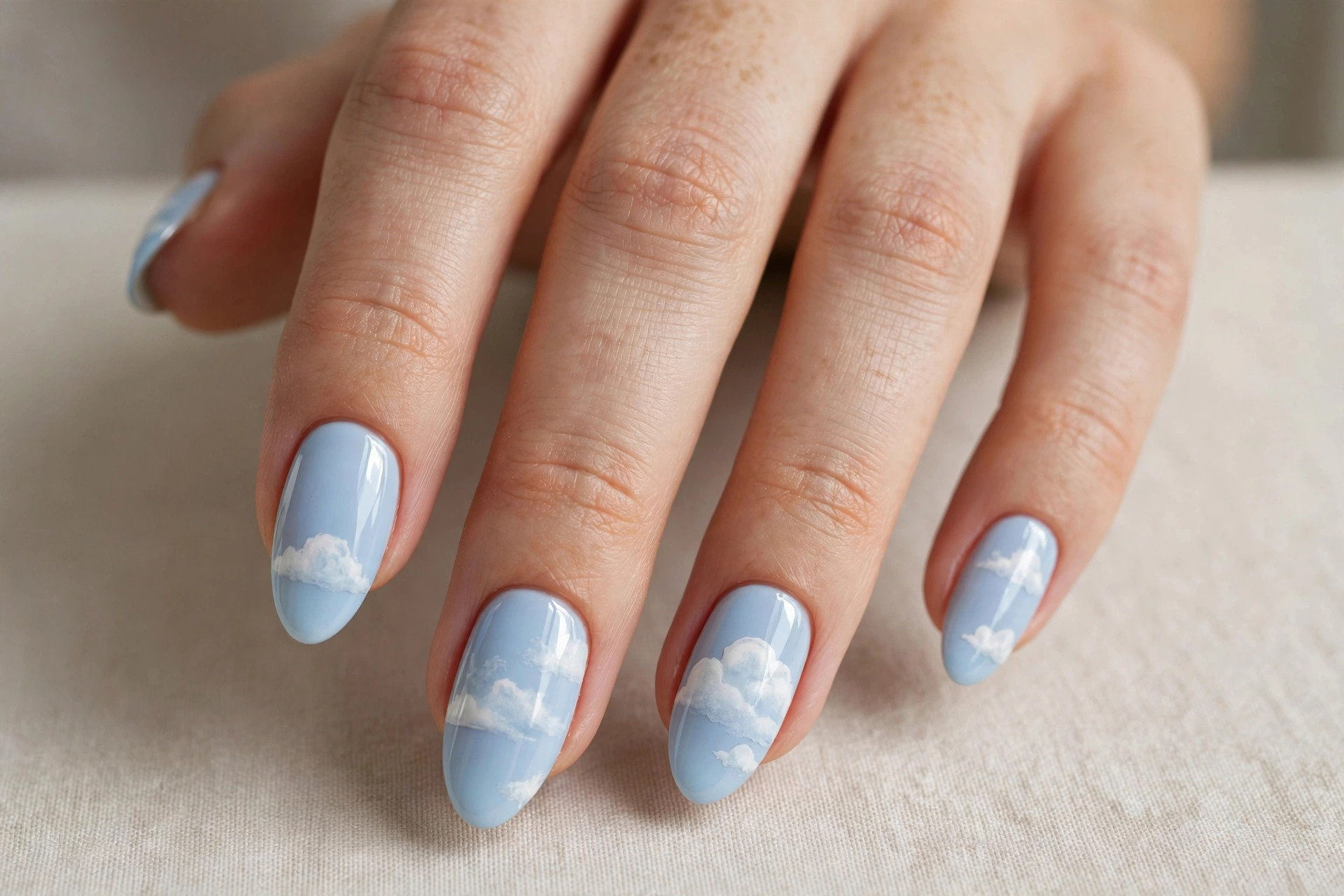 Baby blue cloud nail art with soft white cloud details