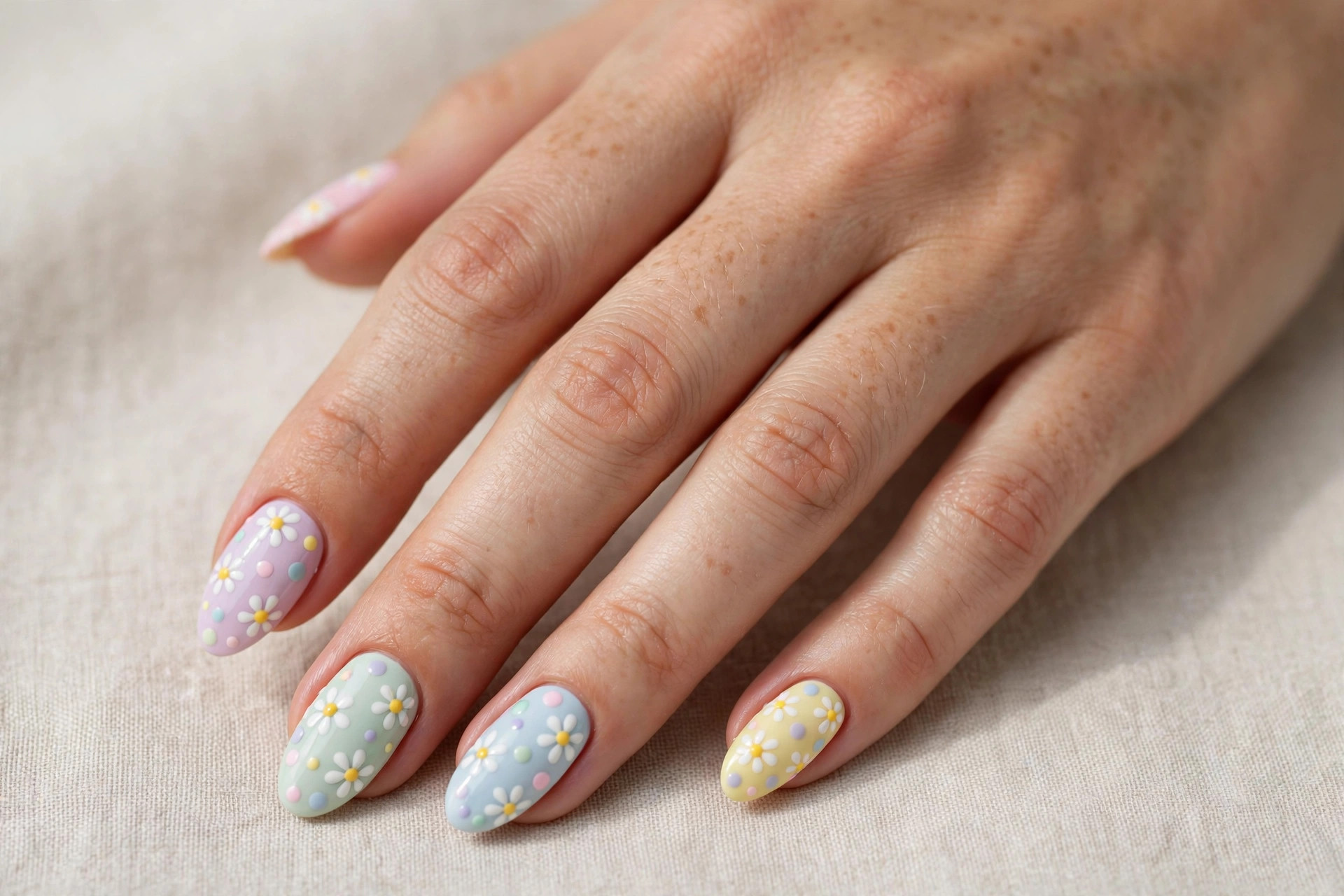 Pastel polka dot nail art with tiny daisy flowers