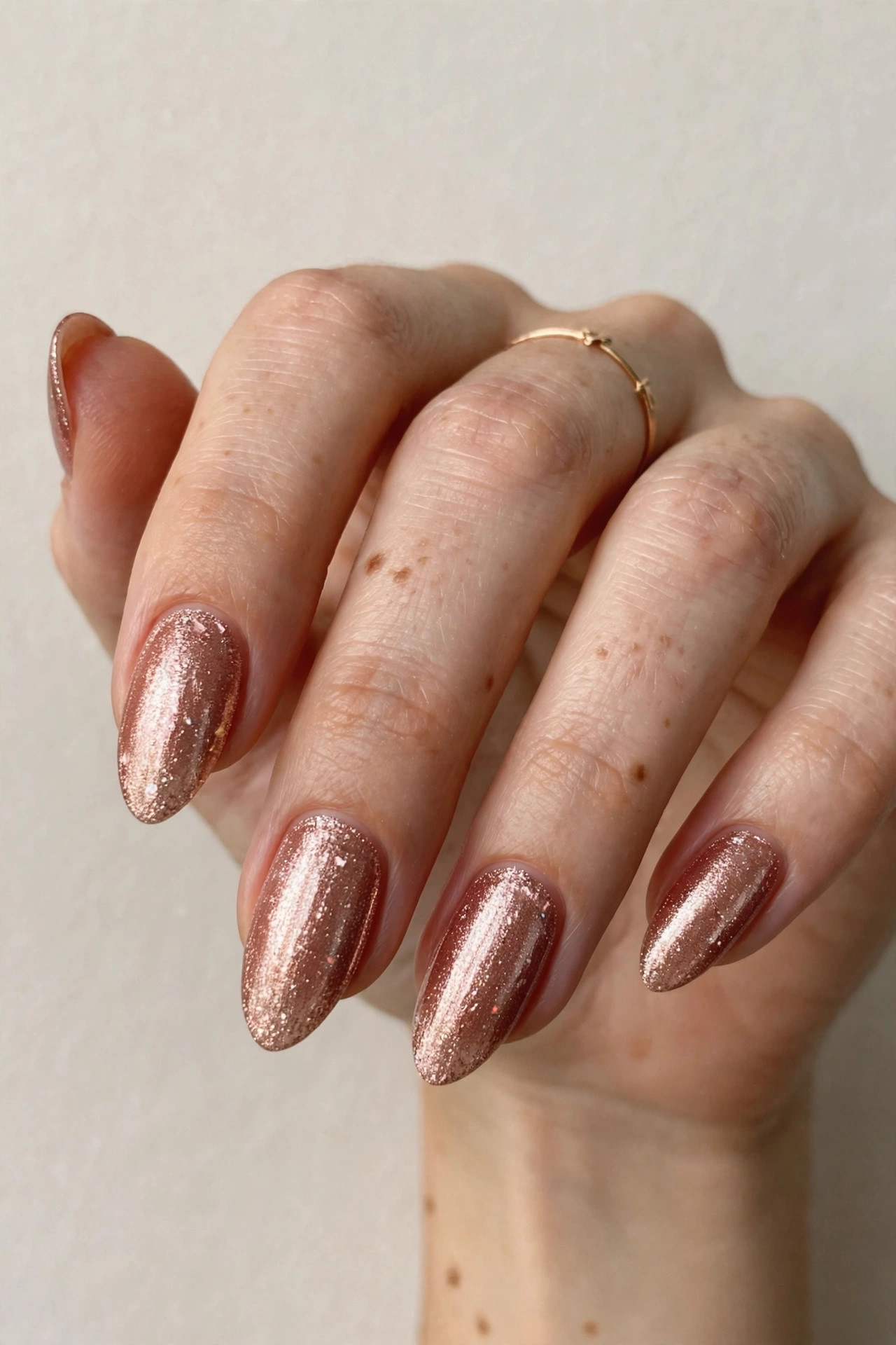 Rose gold shimmer glitter manicure on almond shaped nails