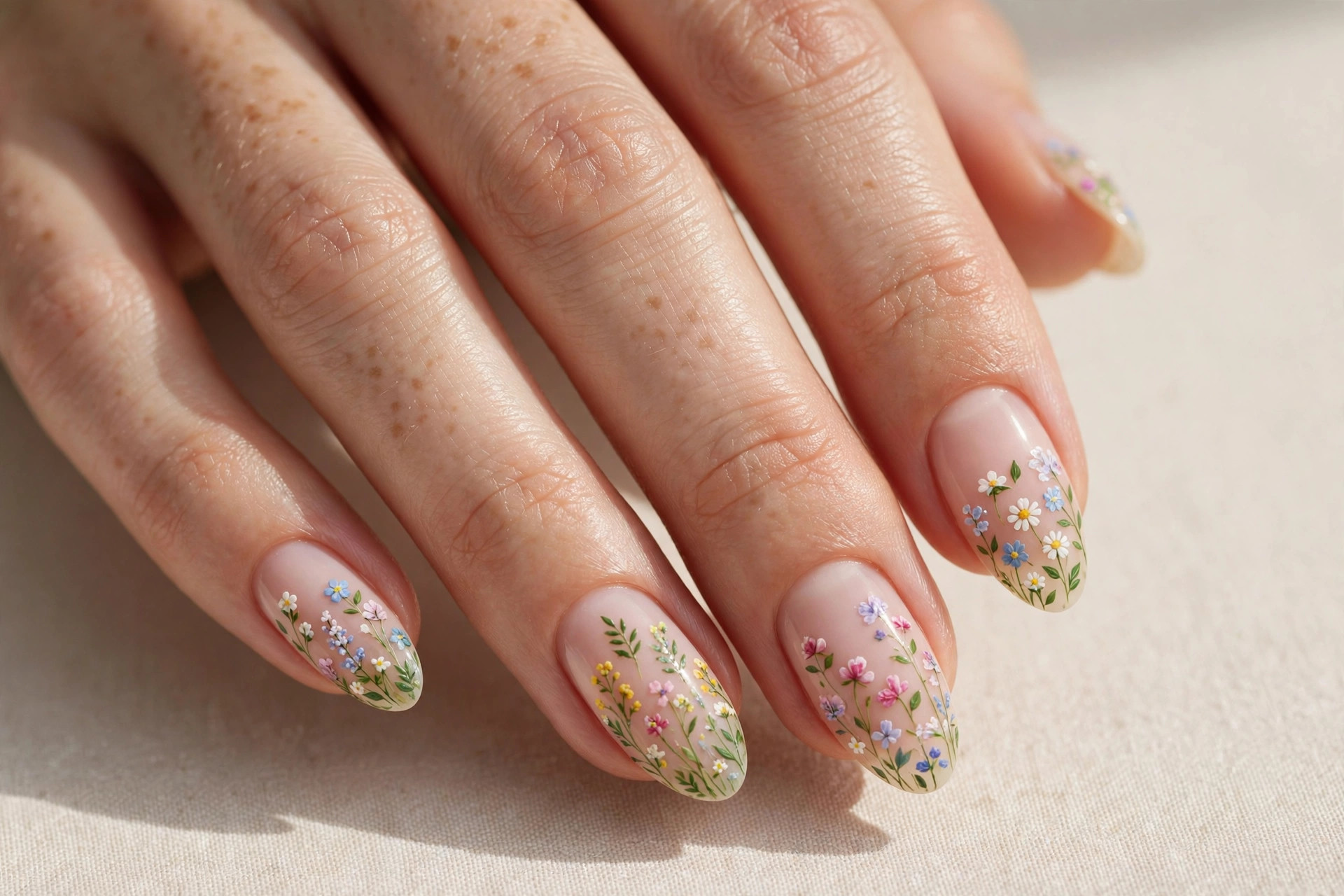 Wildflower meadow nail art with tiny mixed florals on a sheer base