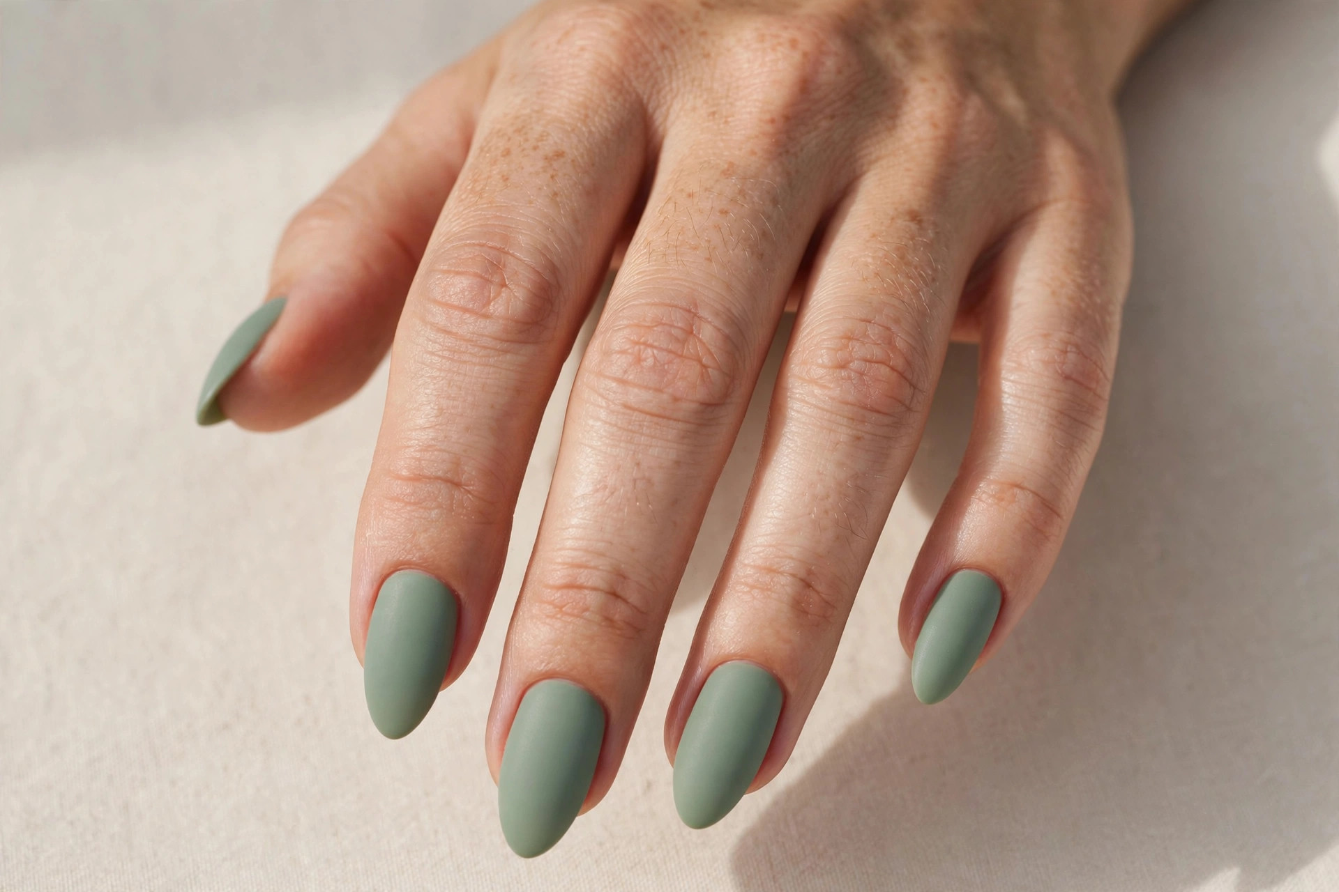 Sage green matte minimalist manicure on almond nails