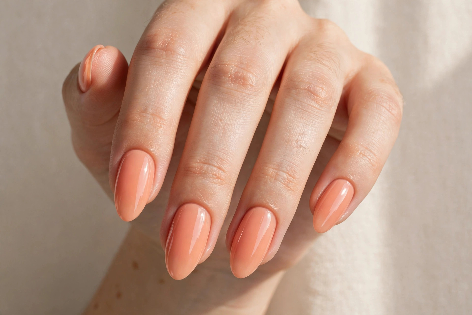 Peach sorbet glossy manicure with a juicy finish on almond nails