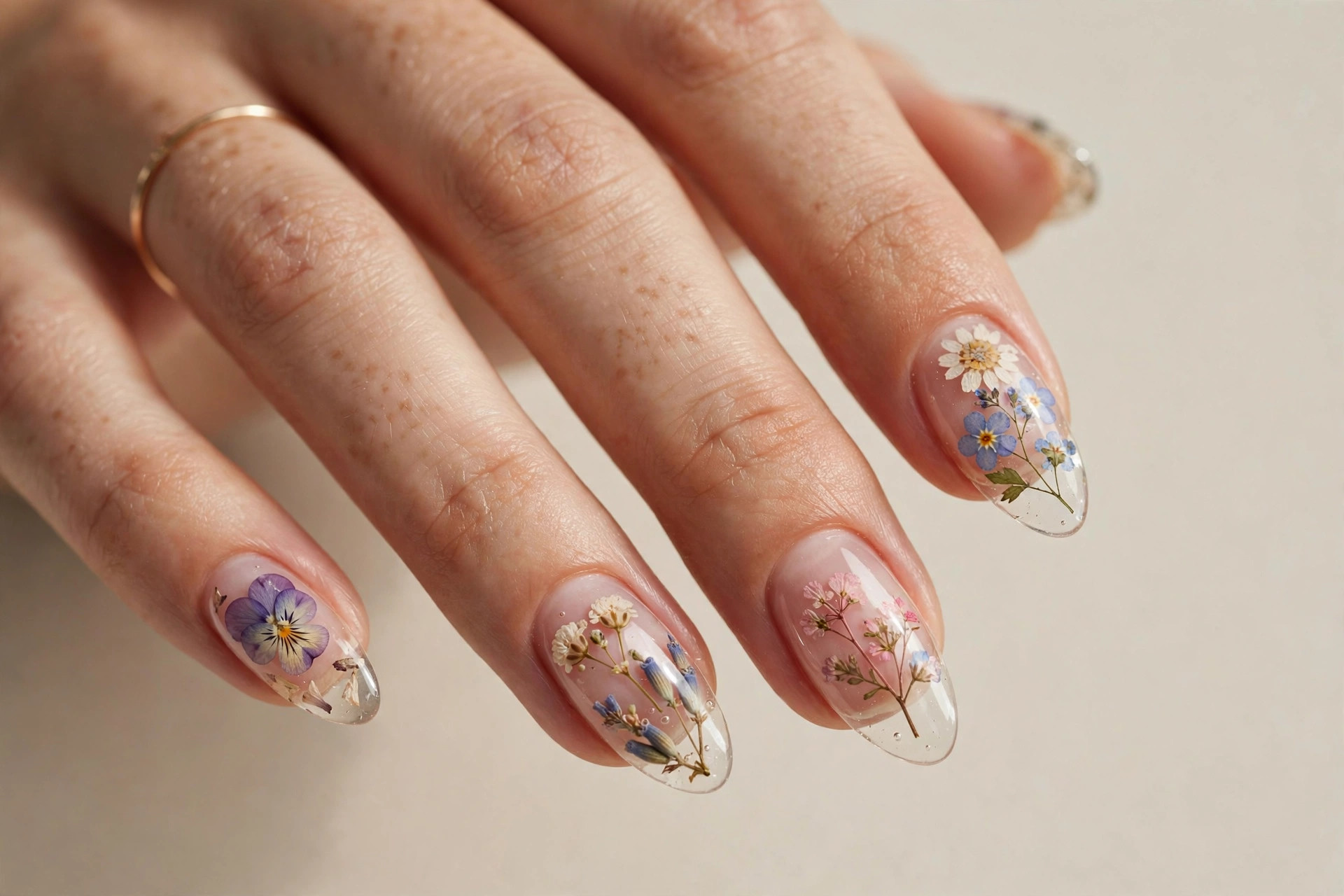 Pressed real flower nail art encapsulated under clear gel