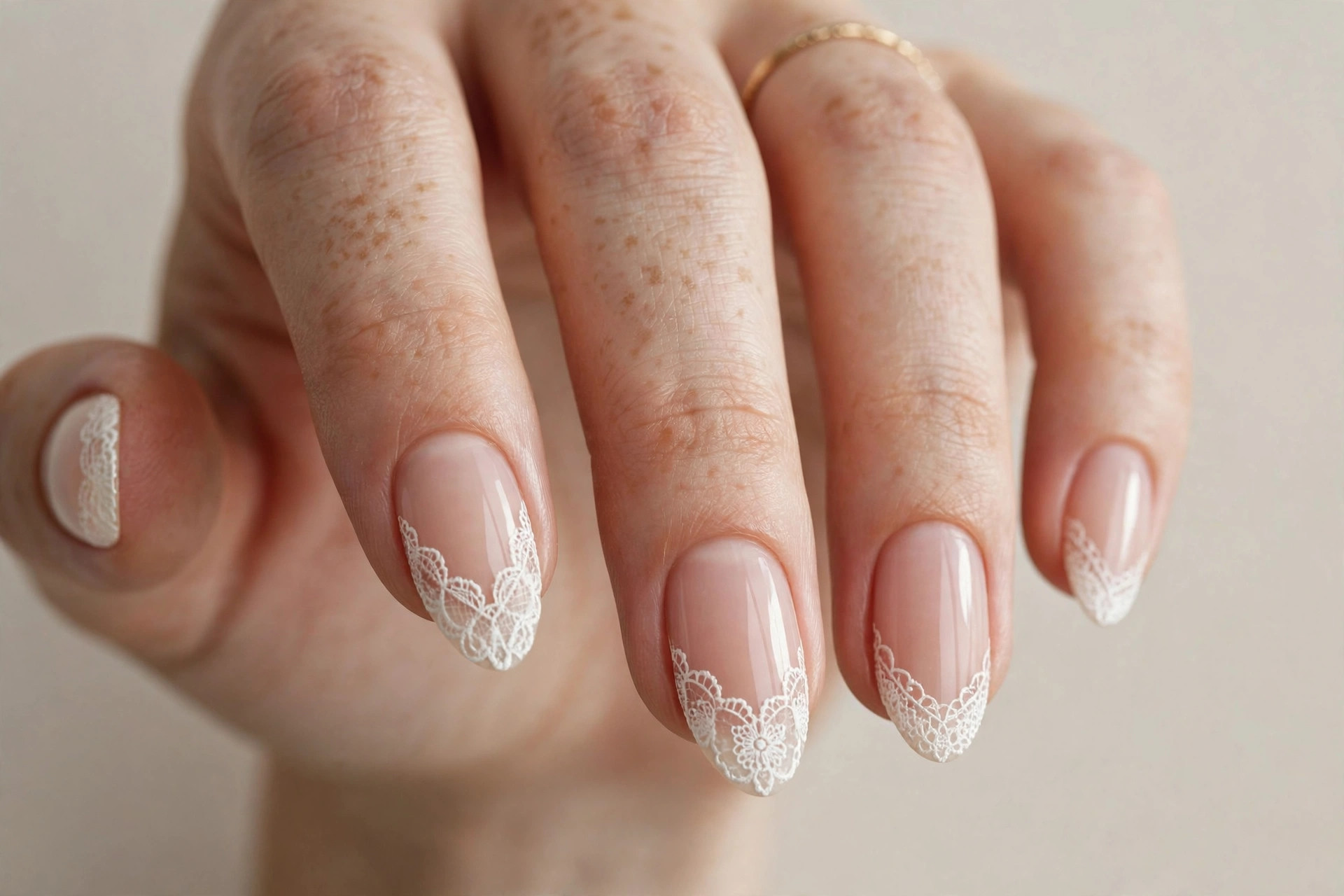 White lace french tip nail art with delicate lace detailing