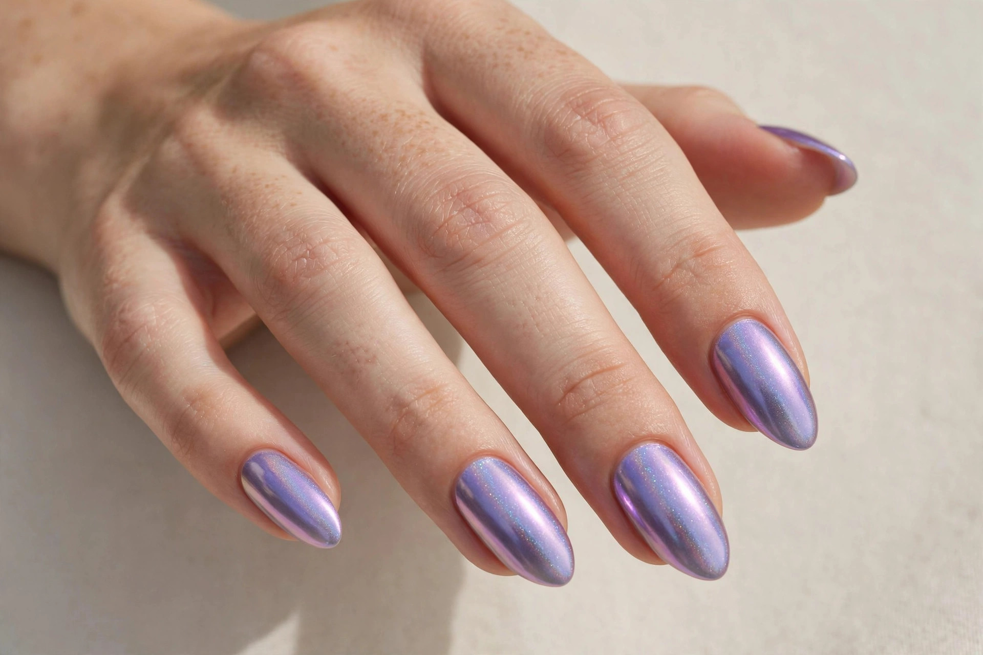 Lilac chrome iridescent manicure with a mirror-like finish