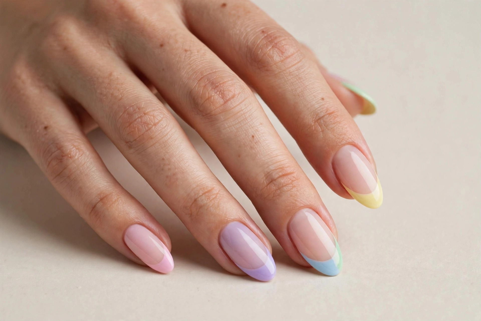 Pastel rainbow french tip manicure with multi-color tips