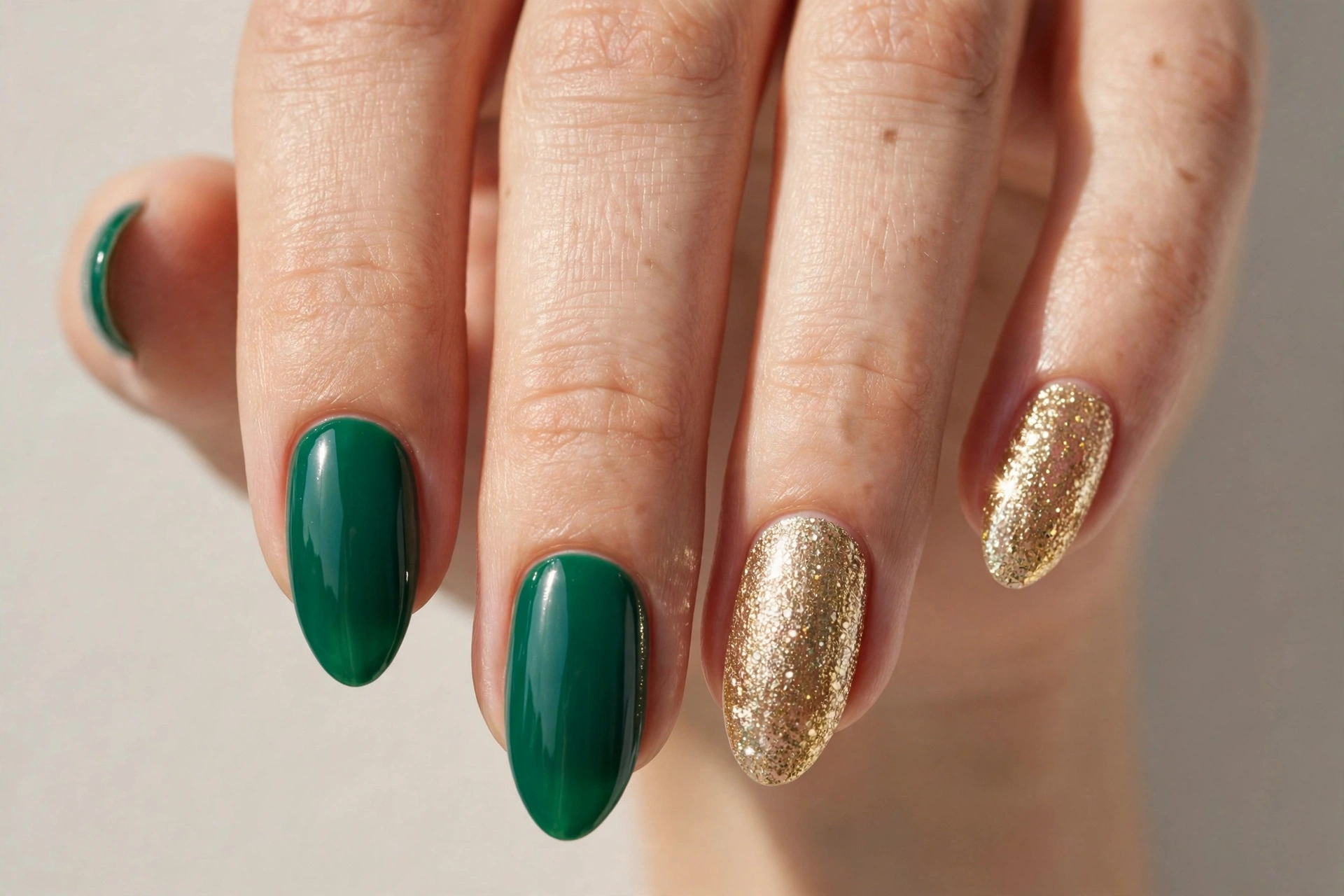 Emerald green nails with gold glitter accent nails