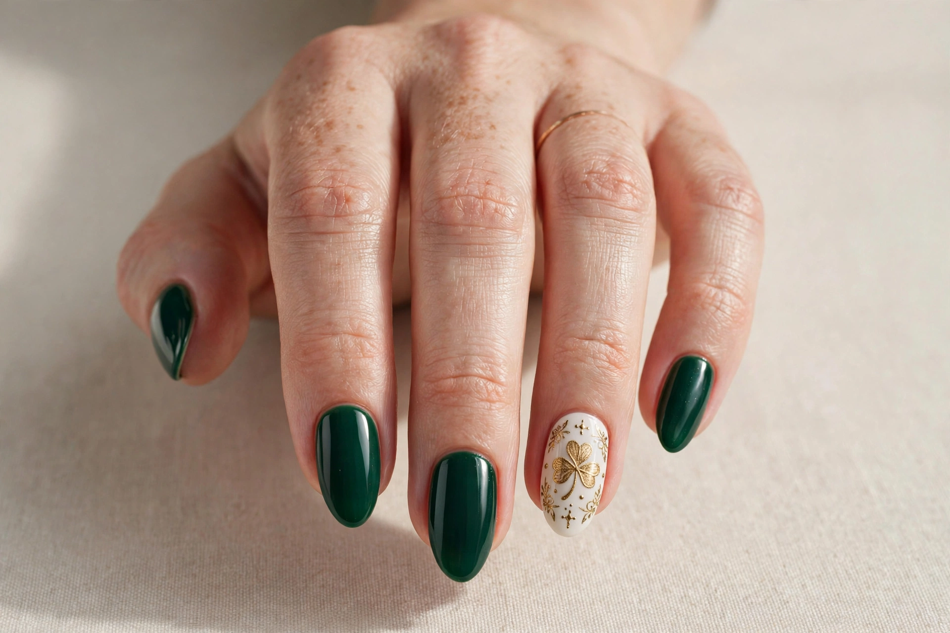 Emerald nails with hand-painted shamrock accent nail