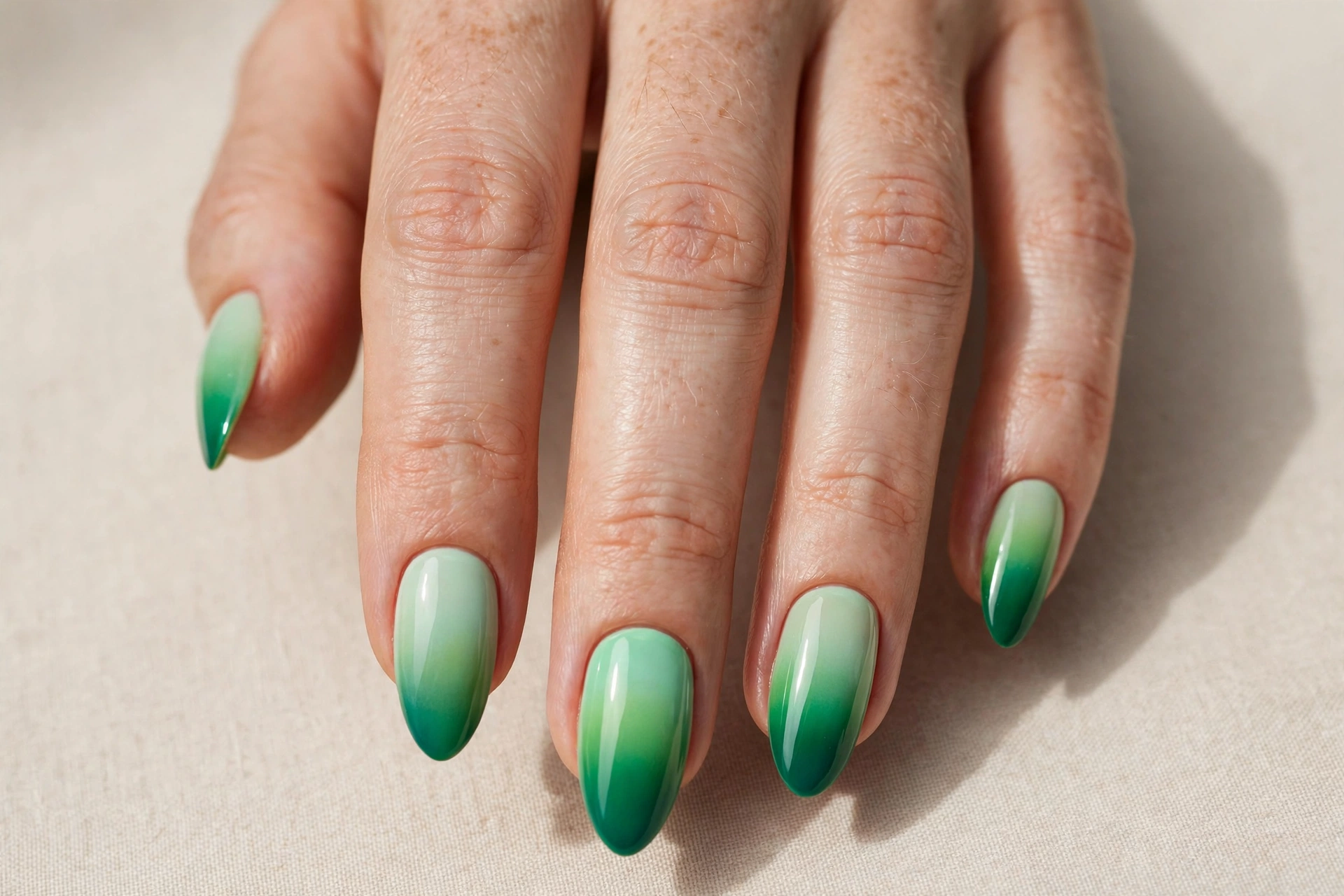 Green ombre gradient nails from mint to emerald