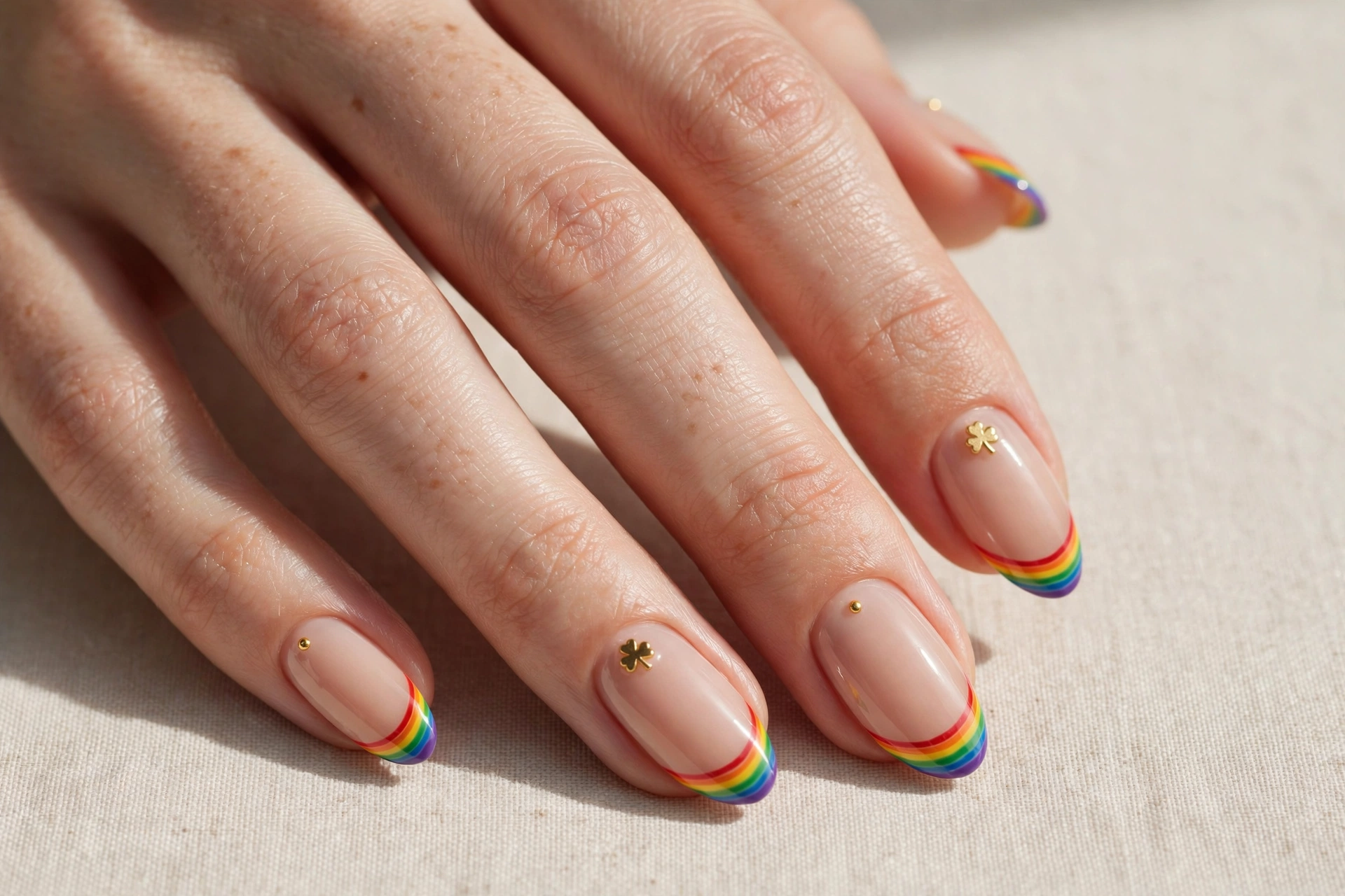 Nude nails with rainbow tip nail art for St Patrick's Day
