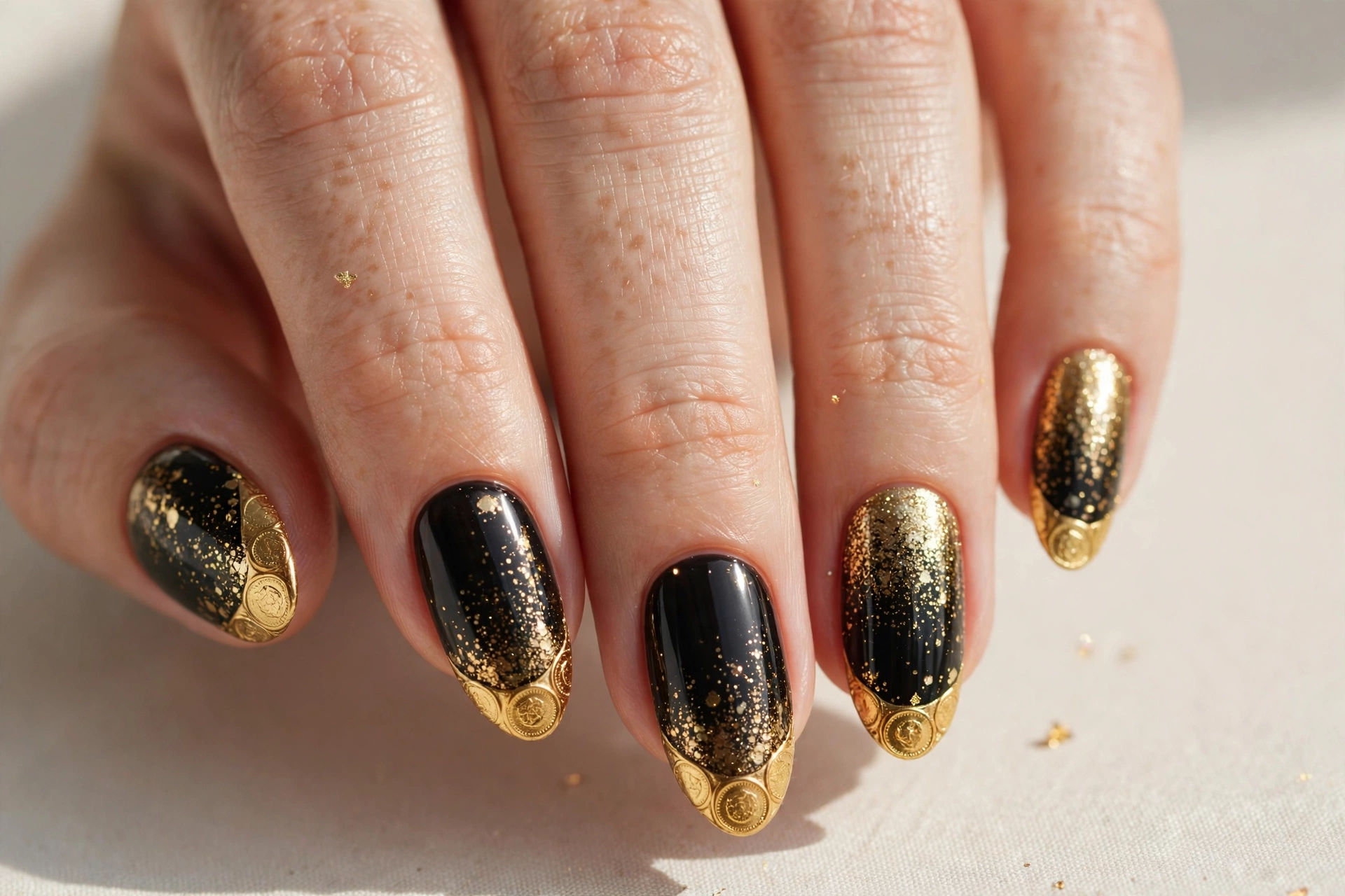 Black and gold pot of gold inspired nail art