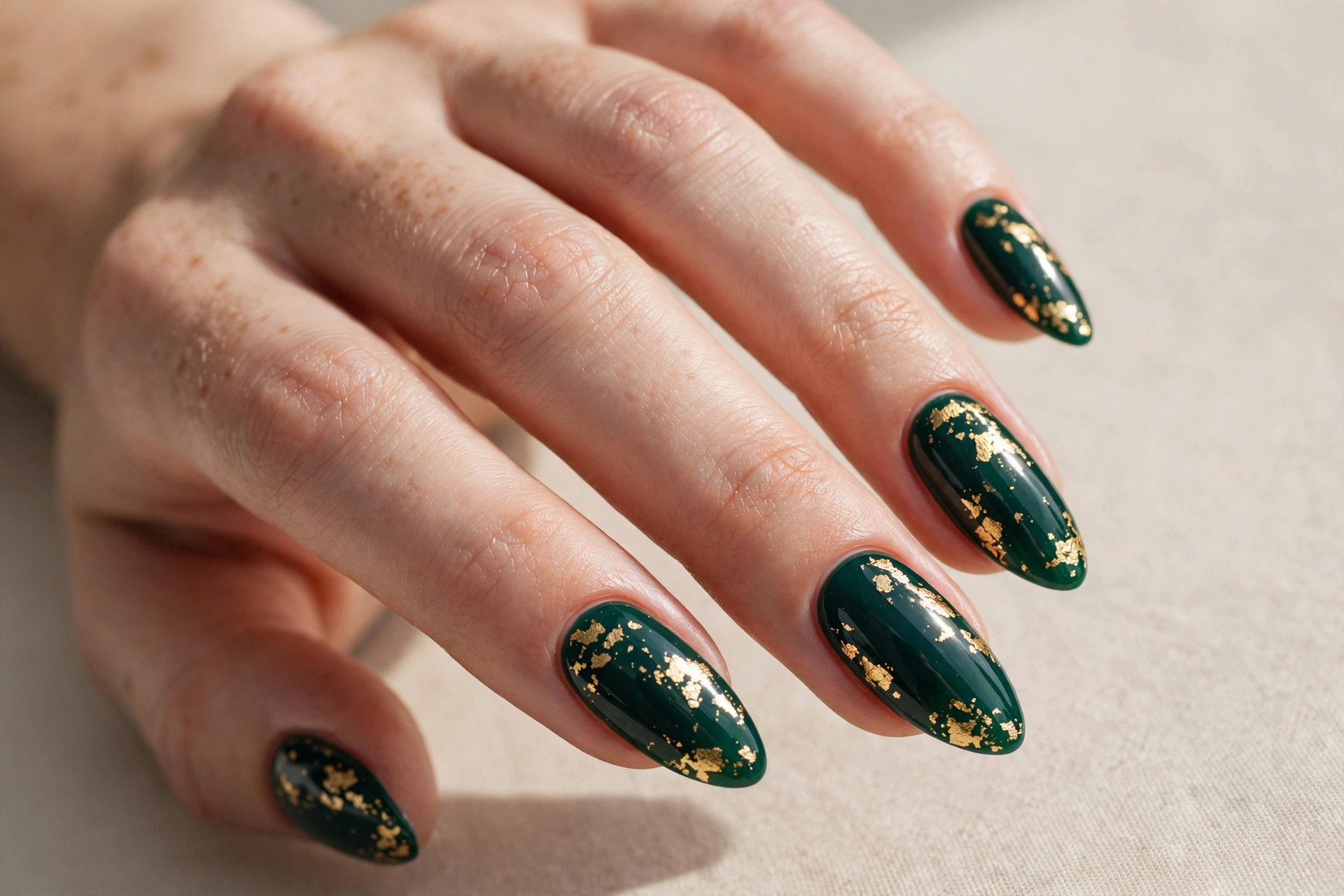 Emerald green nails with gold foil flakes