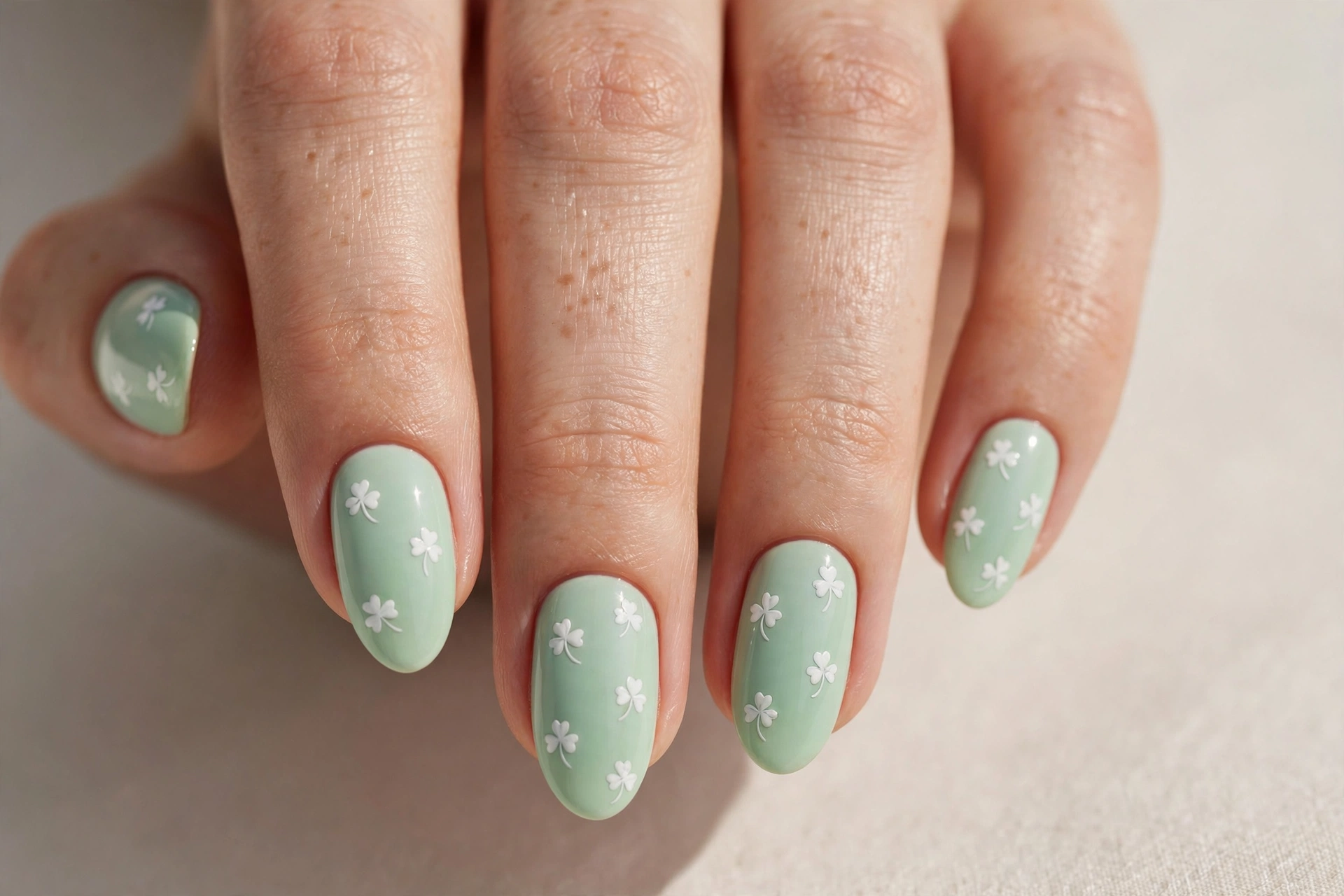 Mint pastel nails with tiny white clover designs