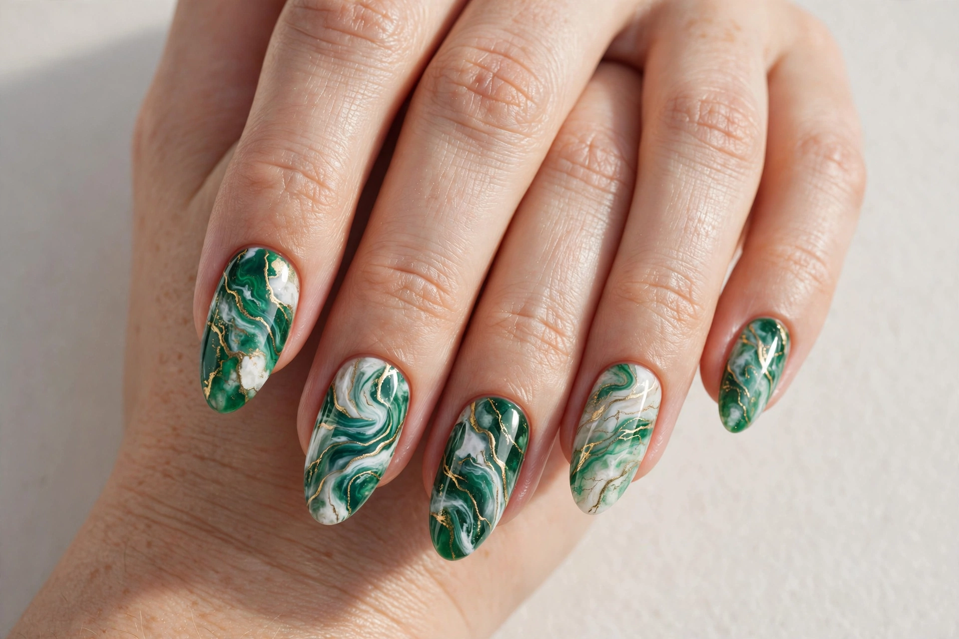 Green marble swirl nail art with gold veining