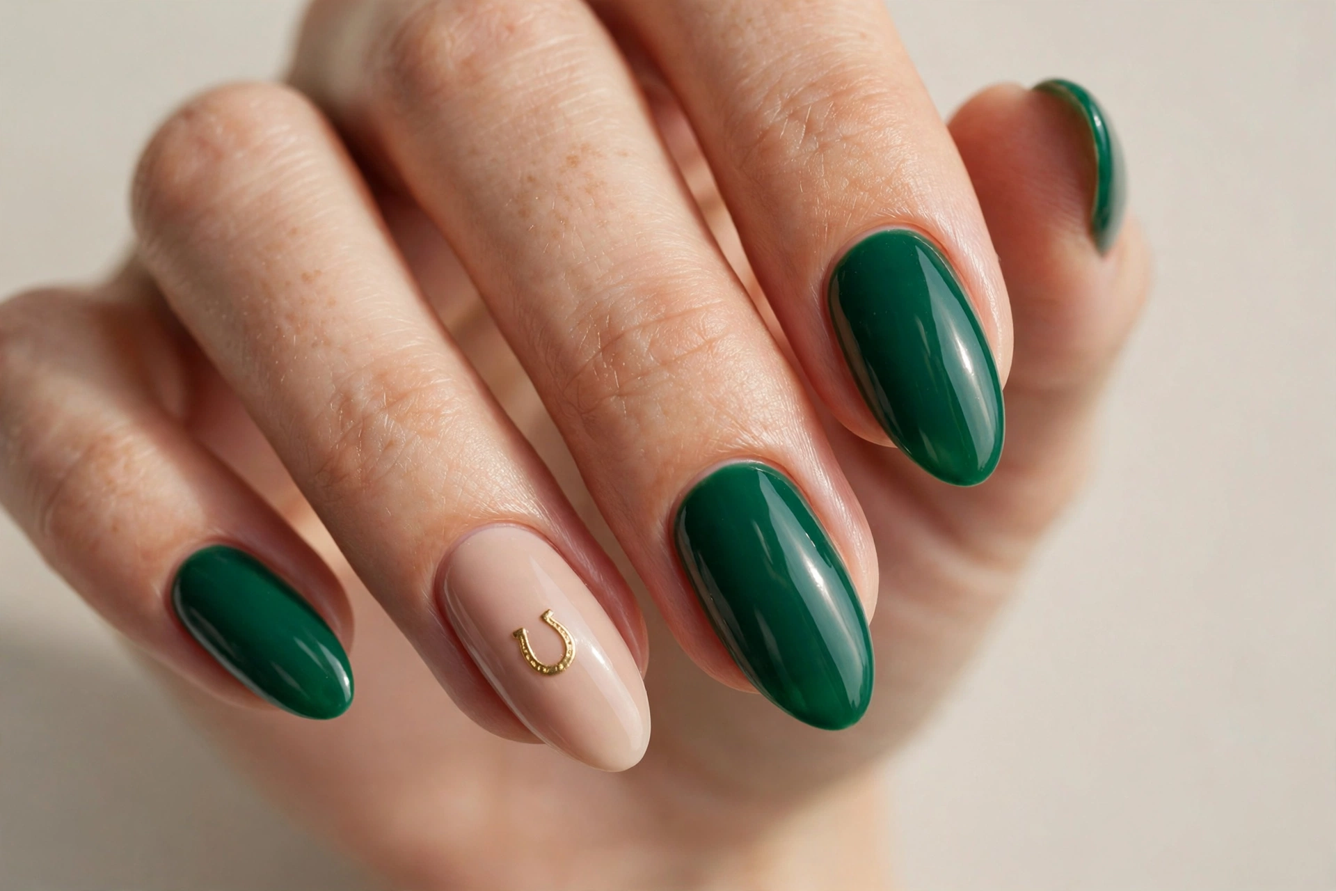 Emerald nails with lucky gold horseshoe accent