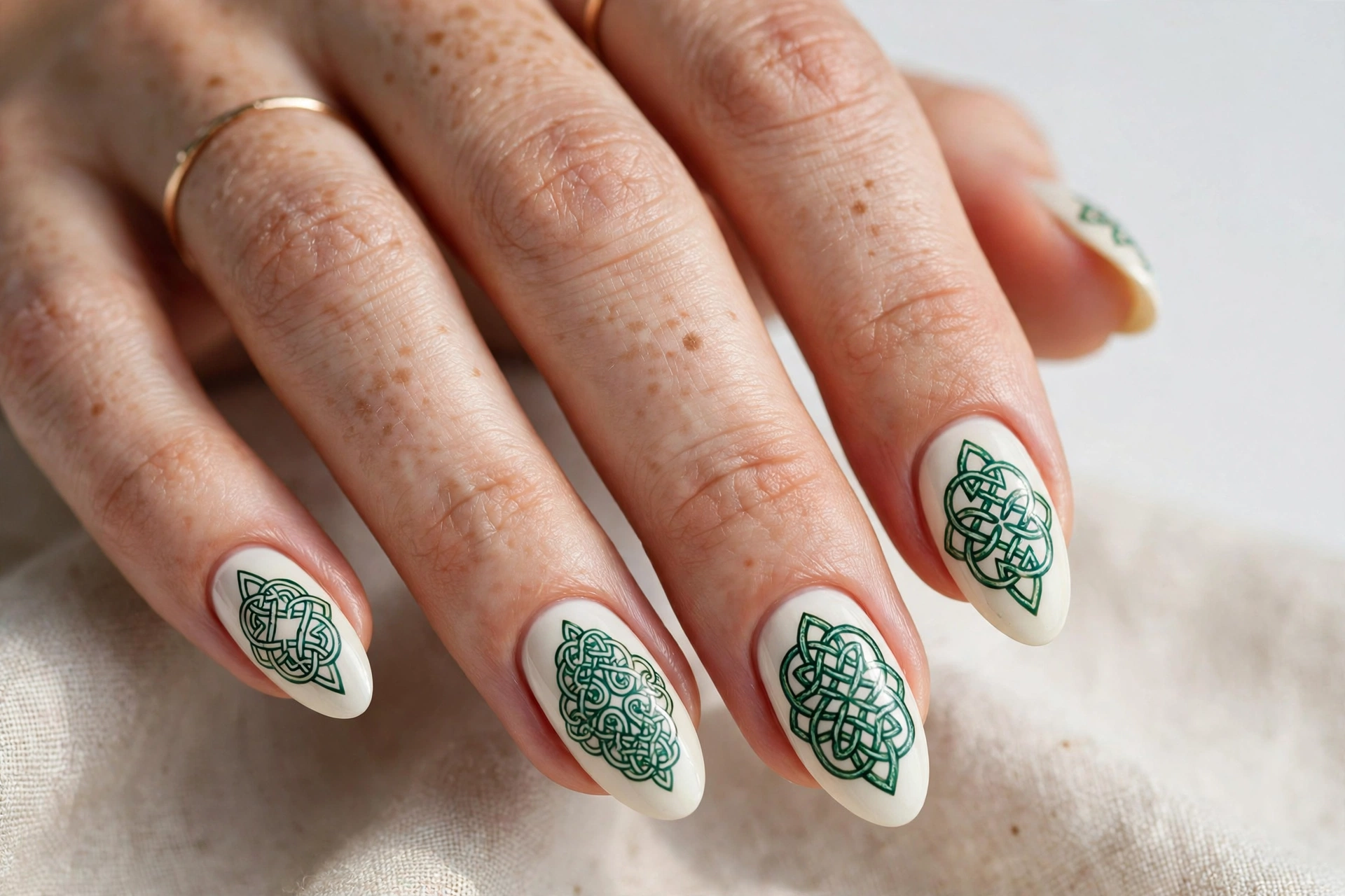 Celtic knot nail art in emerald on ivory