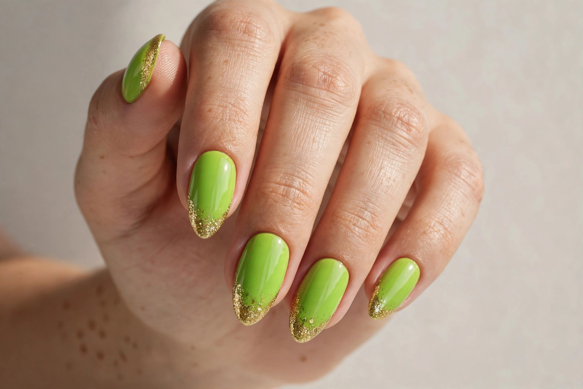 Lime green nails with gold glitter tips
