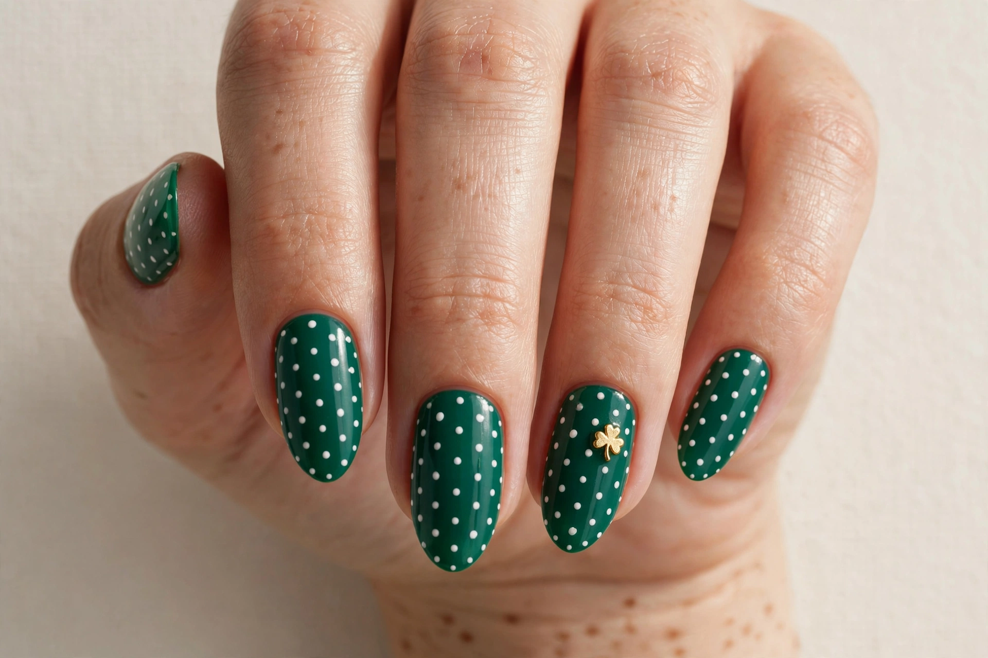 Emerald nails with white polka dots and shamrock