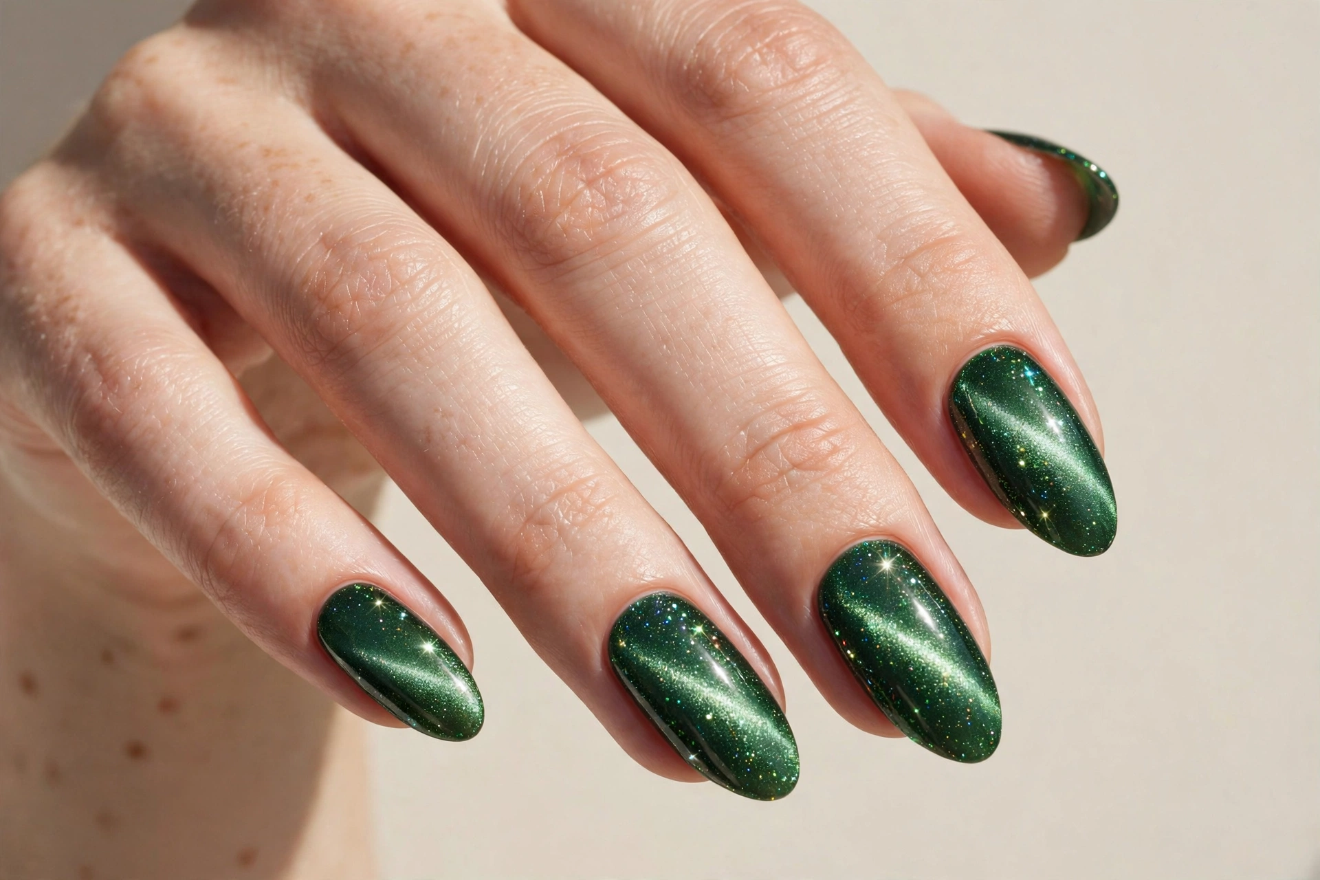 Sparkling green cat-eye magnetic nail polish