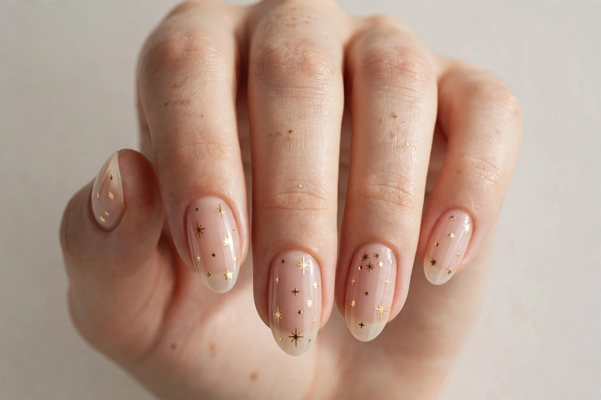 Minimalist nude nails with tiny gold star decals scattered across each nail