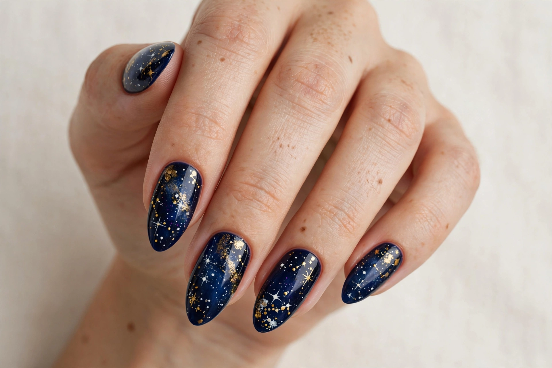 Deep navy nails hand-painted with white and gold stars like a night sky