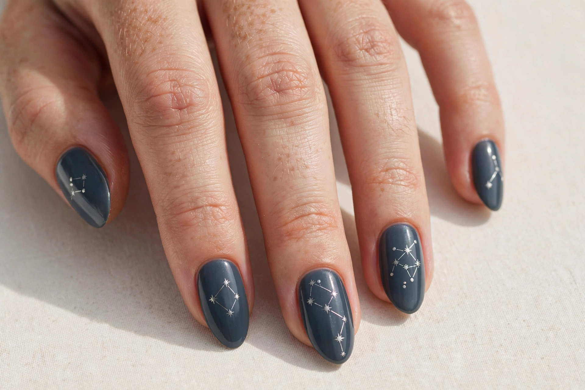 Constellation nail art with thin silver lines connecting star dots on dark slate nails
