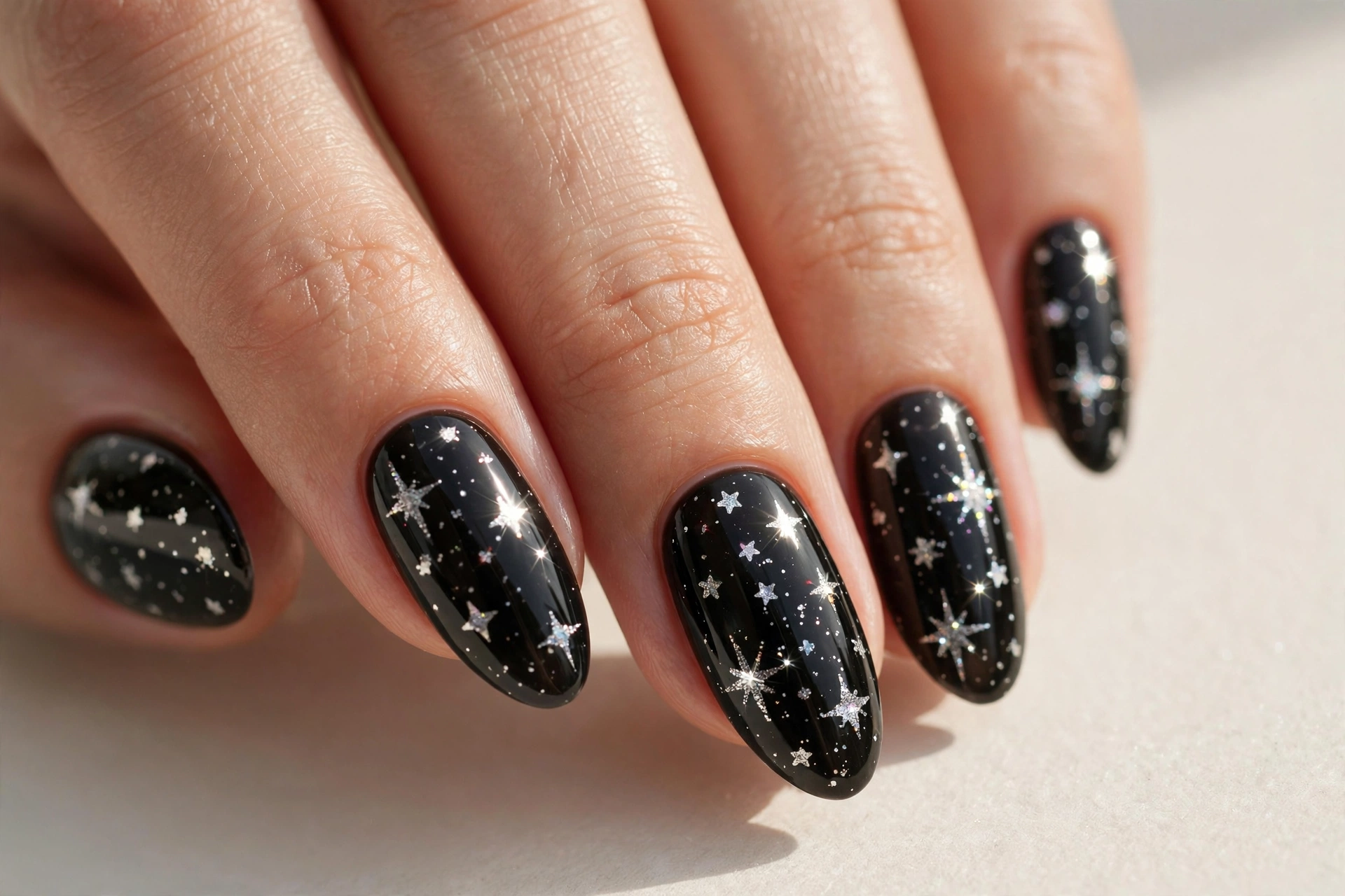 Glossy black nails with sparkling silver glitter star shapes