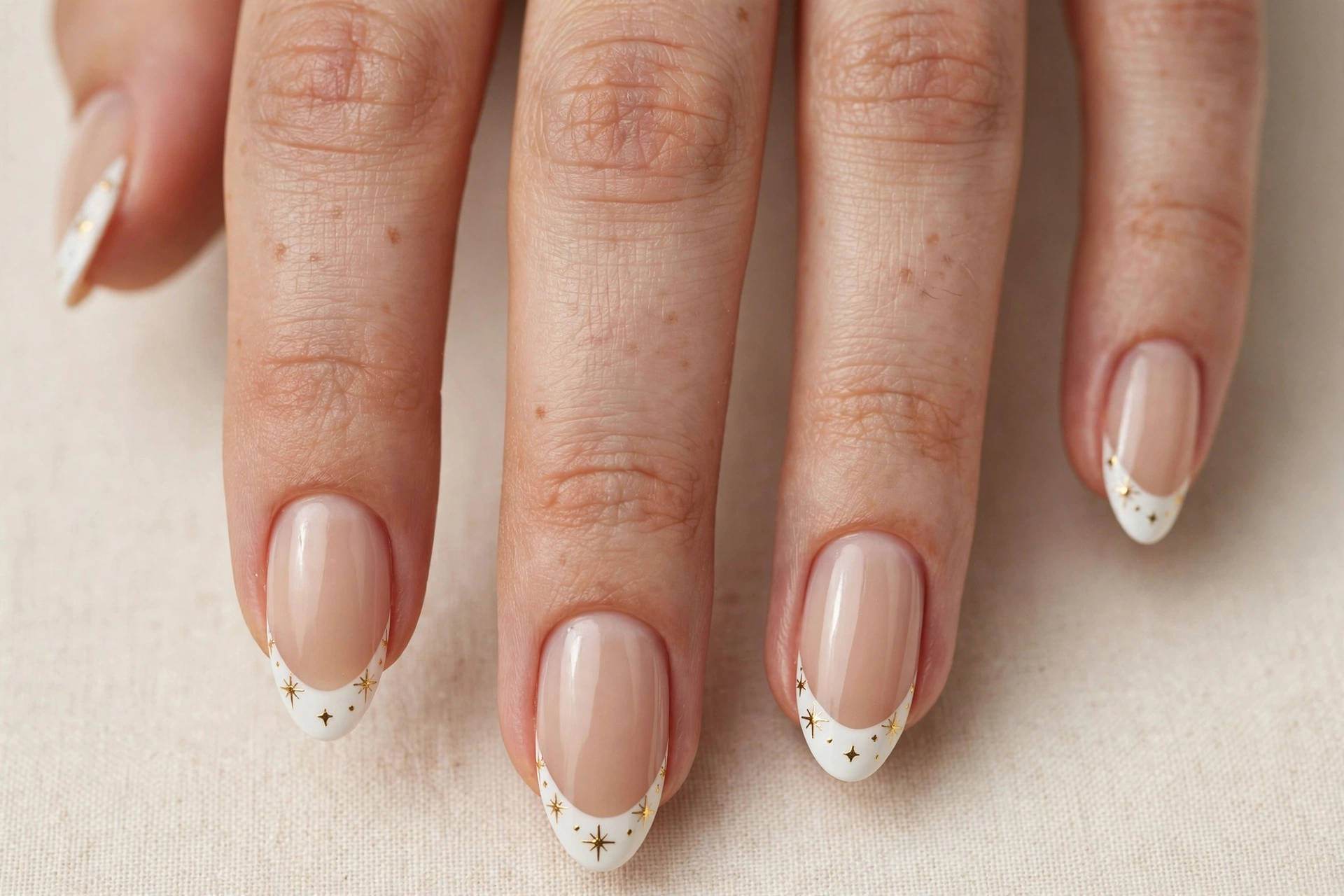 French tip manicure with tiny gold stars decorating the white tips on nude nails