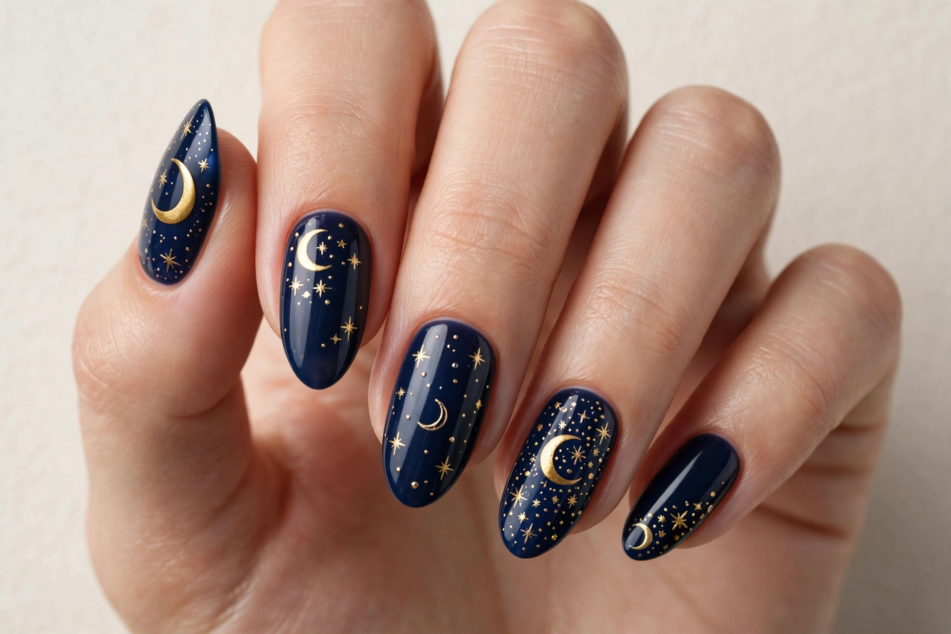 Gold crescent moons and tiny stars on midnight blue celestial nails