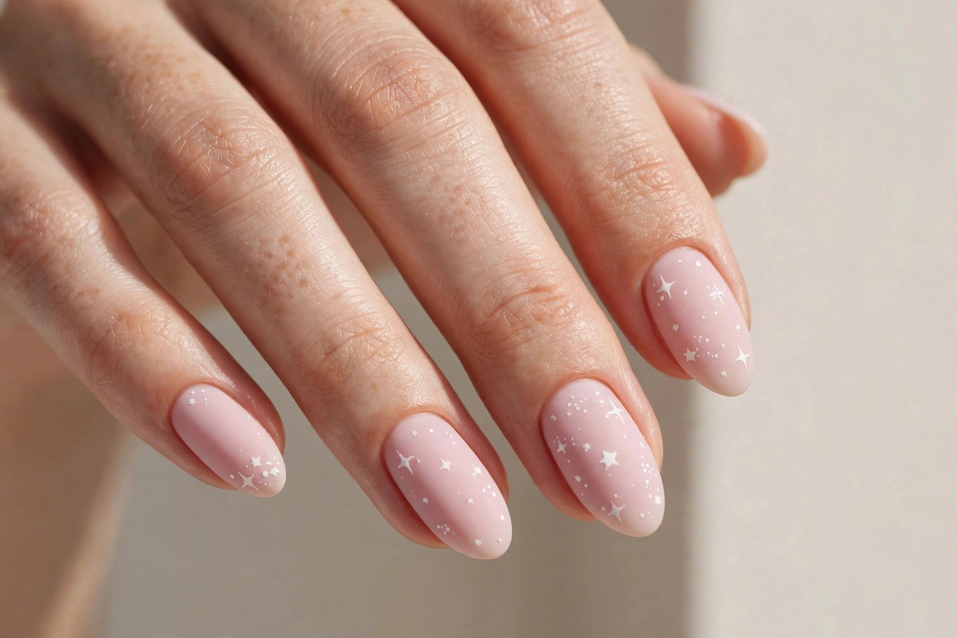 Soft pastel pink nails with tiny white hand-painted stars
