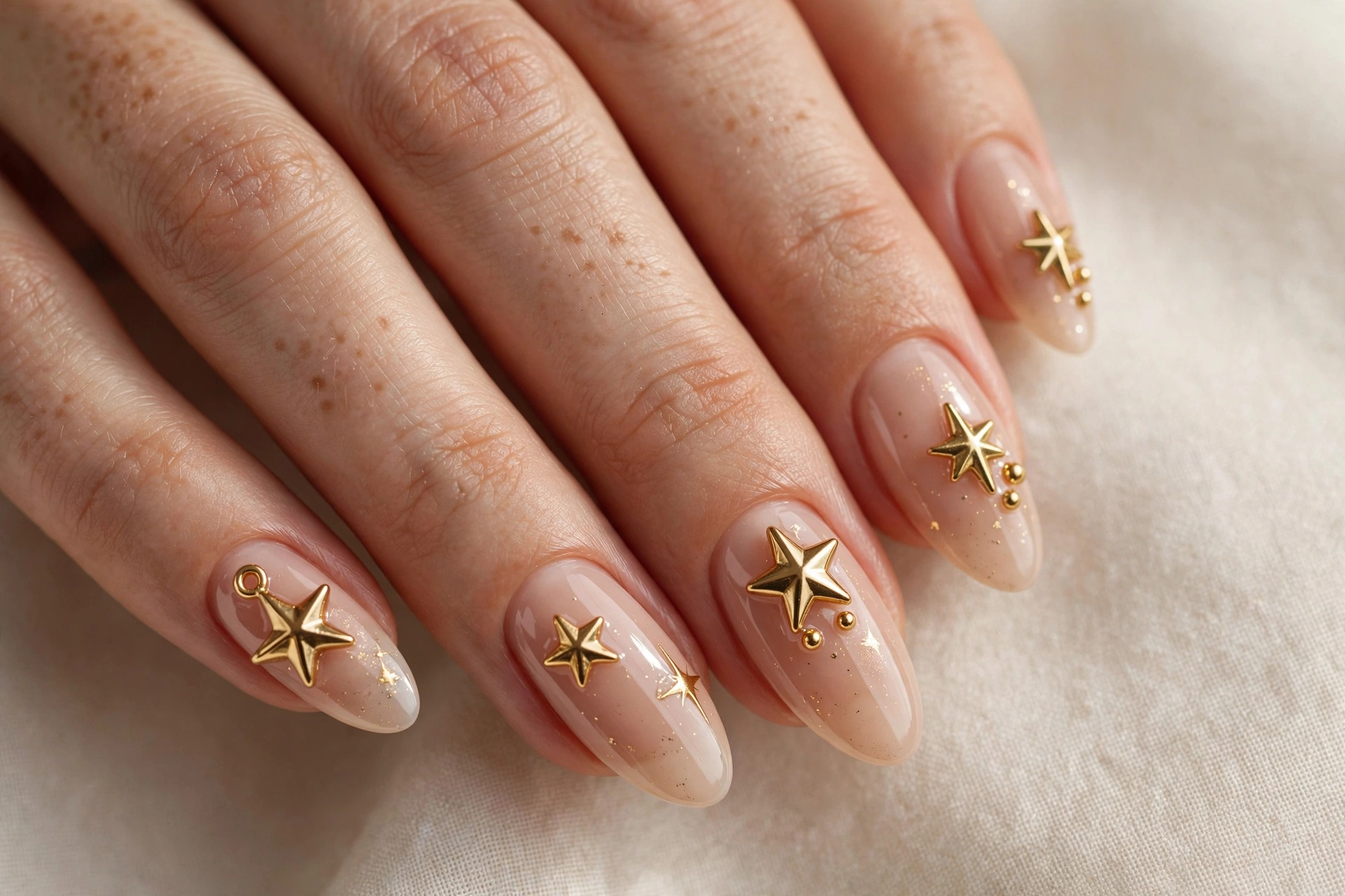 Glossy nude nails decorated with 3D gold star charms