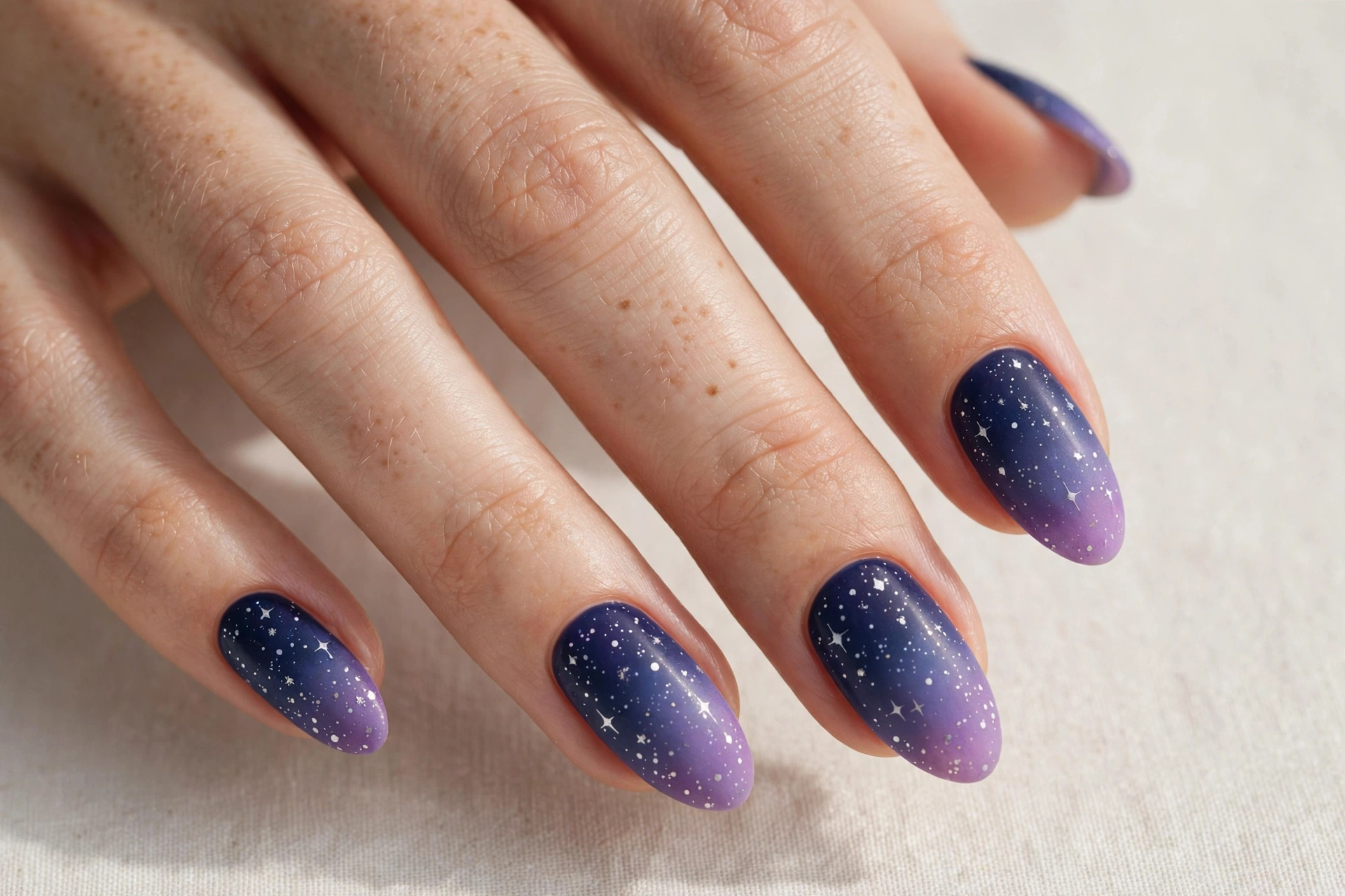 Ombre nails fading from navy to purple with tiny white stars scattered throughout
