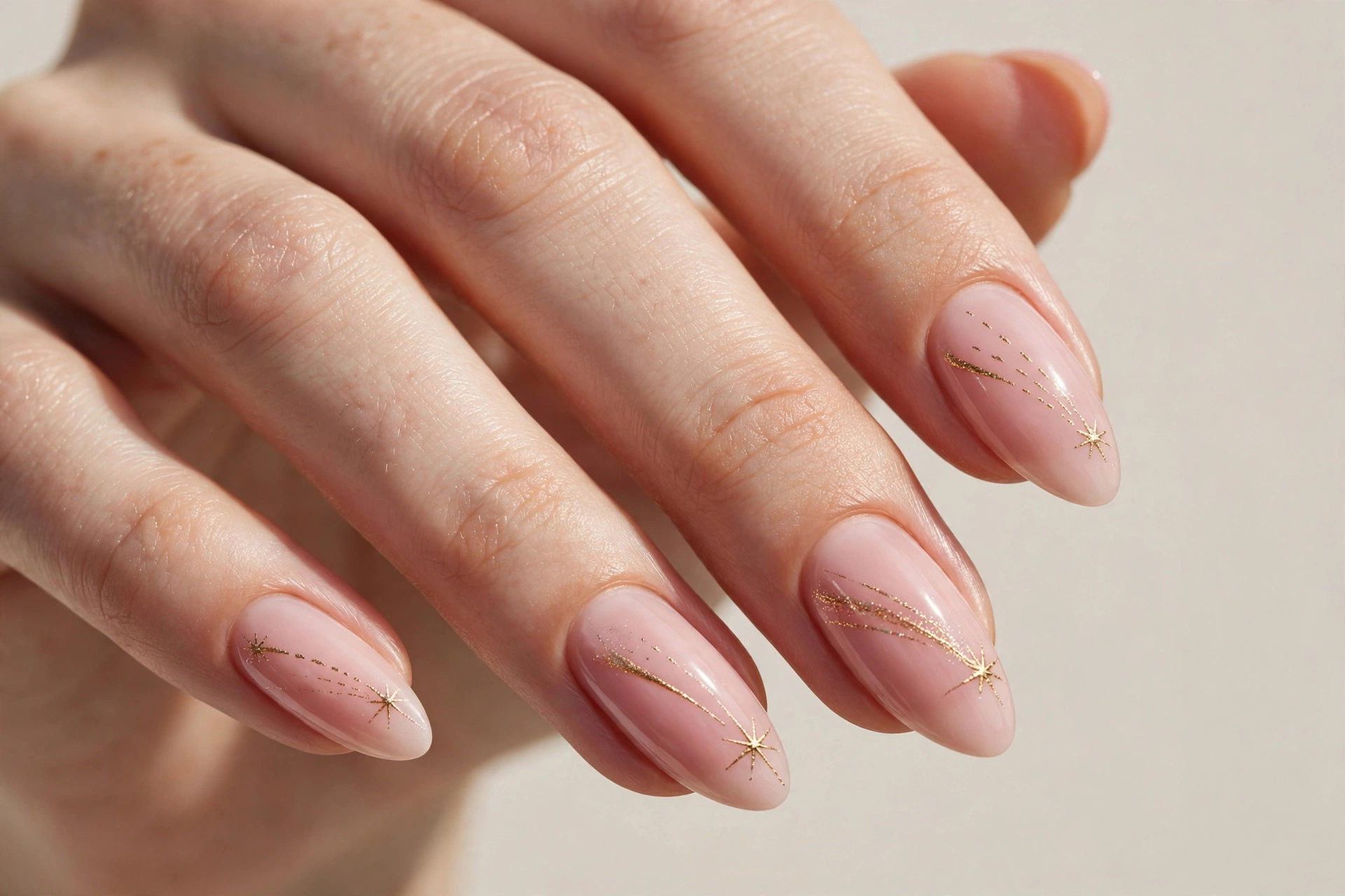 Blush pink nails with gold shooting stars and delicate comet trails
