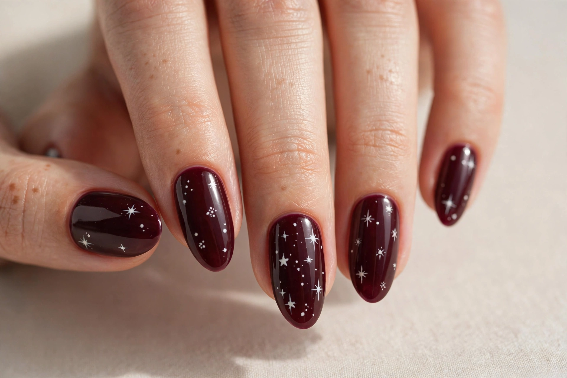 Deep burgundy wine nails with small white hand-painted stars