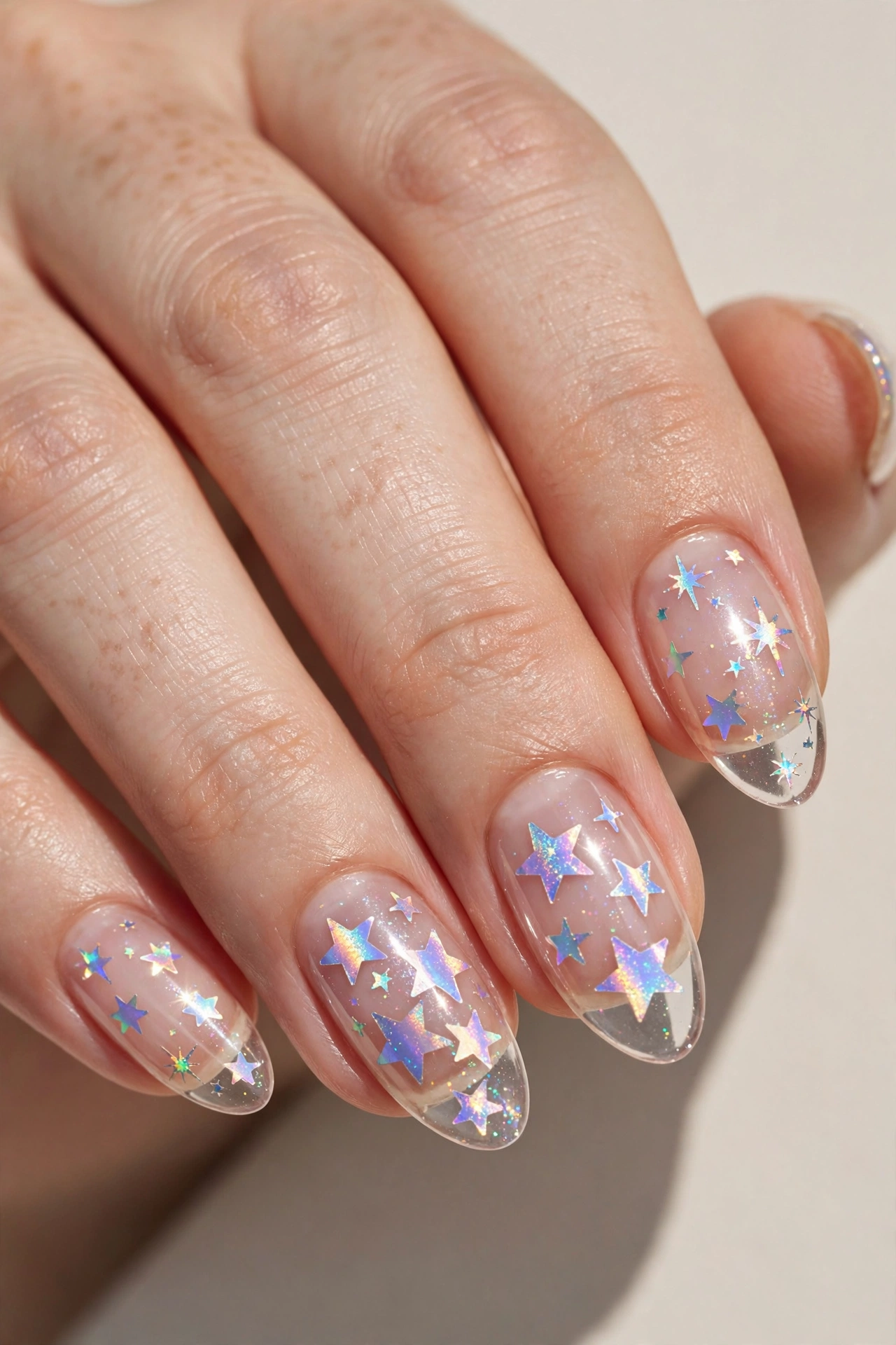 Clear glass-like nails with iridescent holographic star decals
