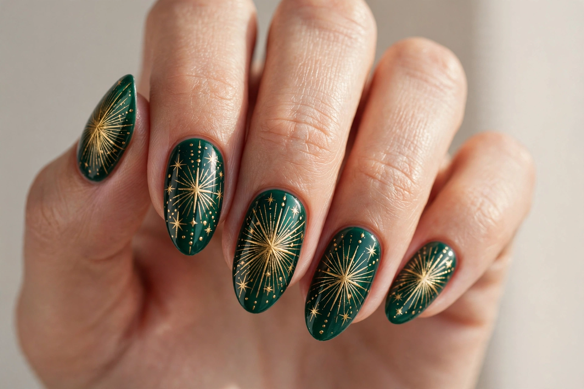 Deep emerald green nails with bold gold starburst designs