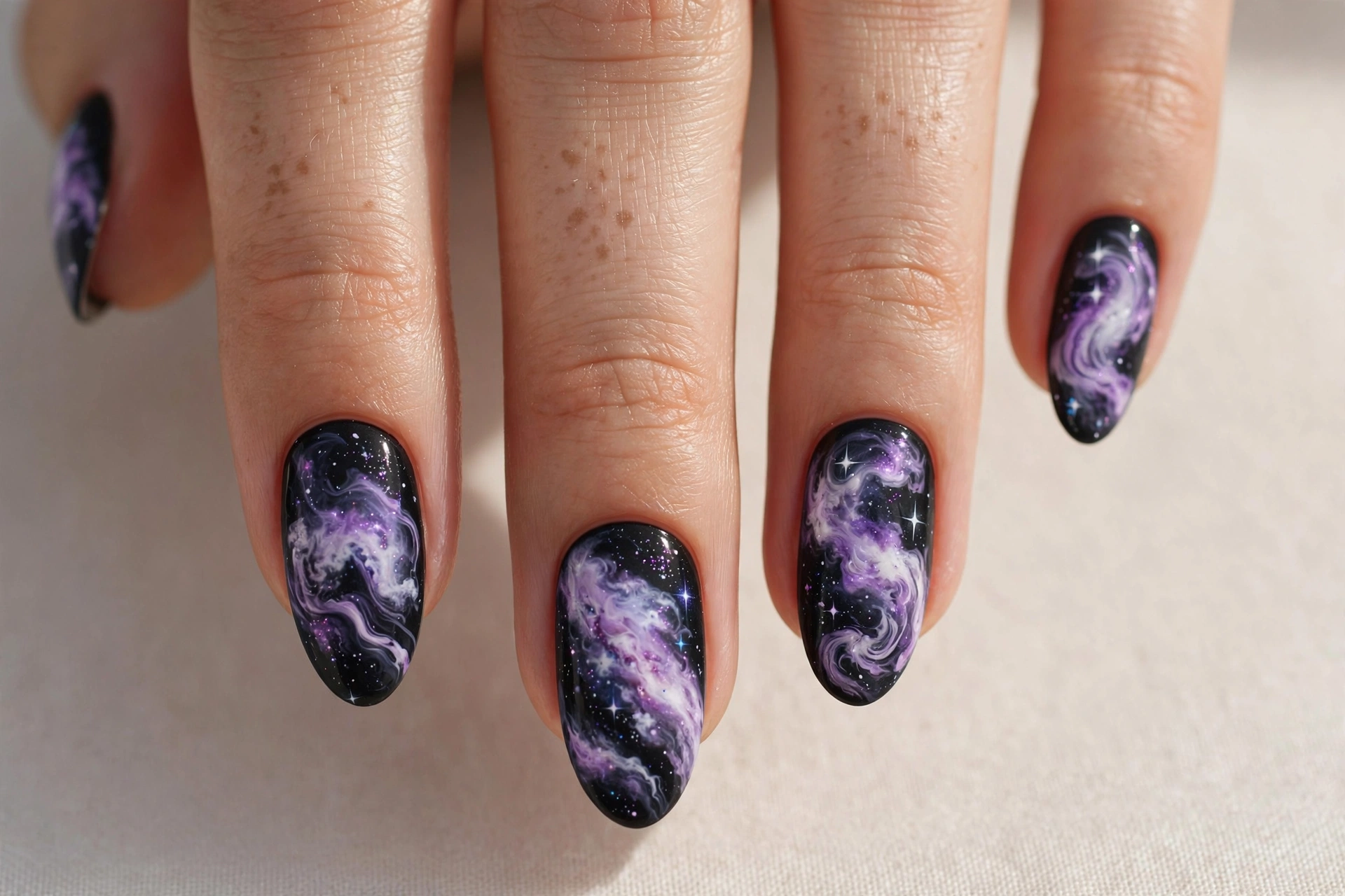 Black nails with swirling white and lavender milky way galaxy and tiny stars