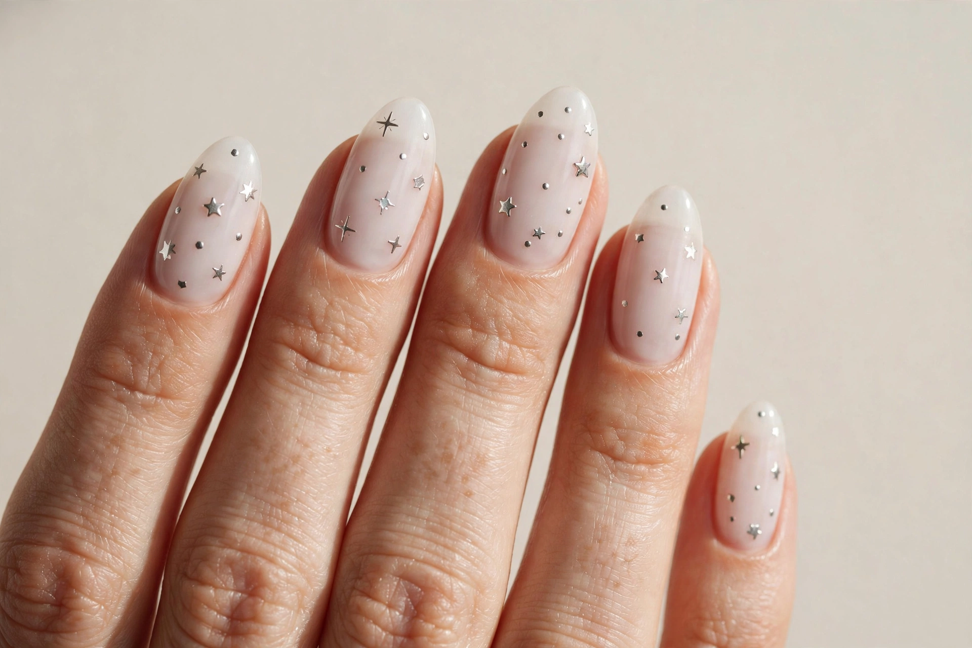 Sheer milky white nails with delicate tiny silver star studs