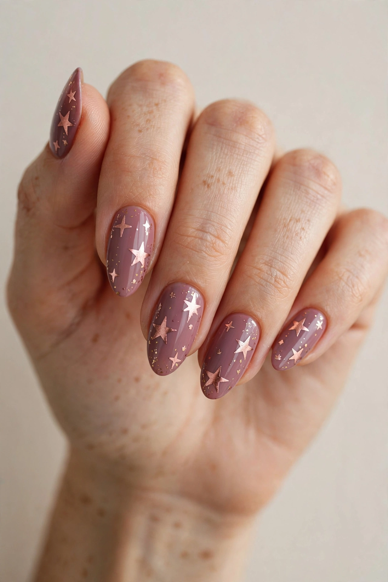 Dusty mauve nails with scattered rose gold star shapes