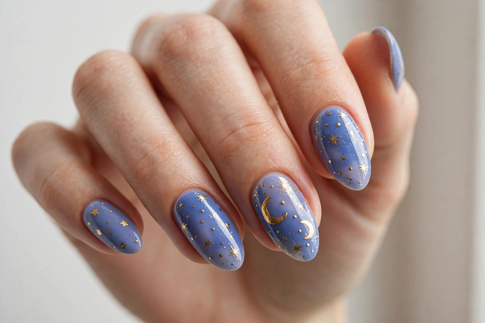 Periwinkle blue nails with golden crescent moons and tiny stars