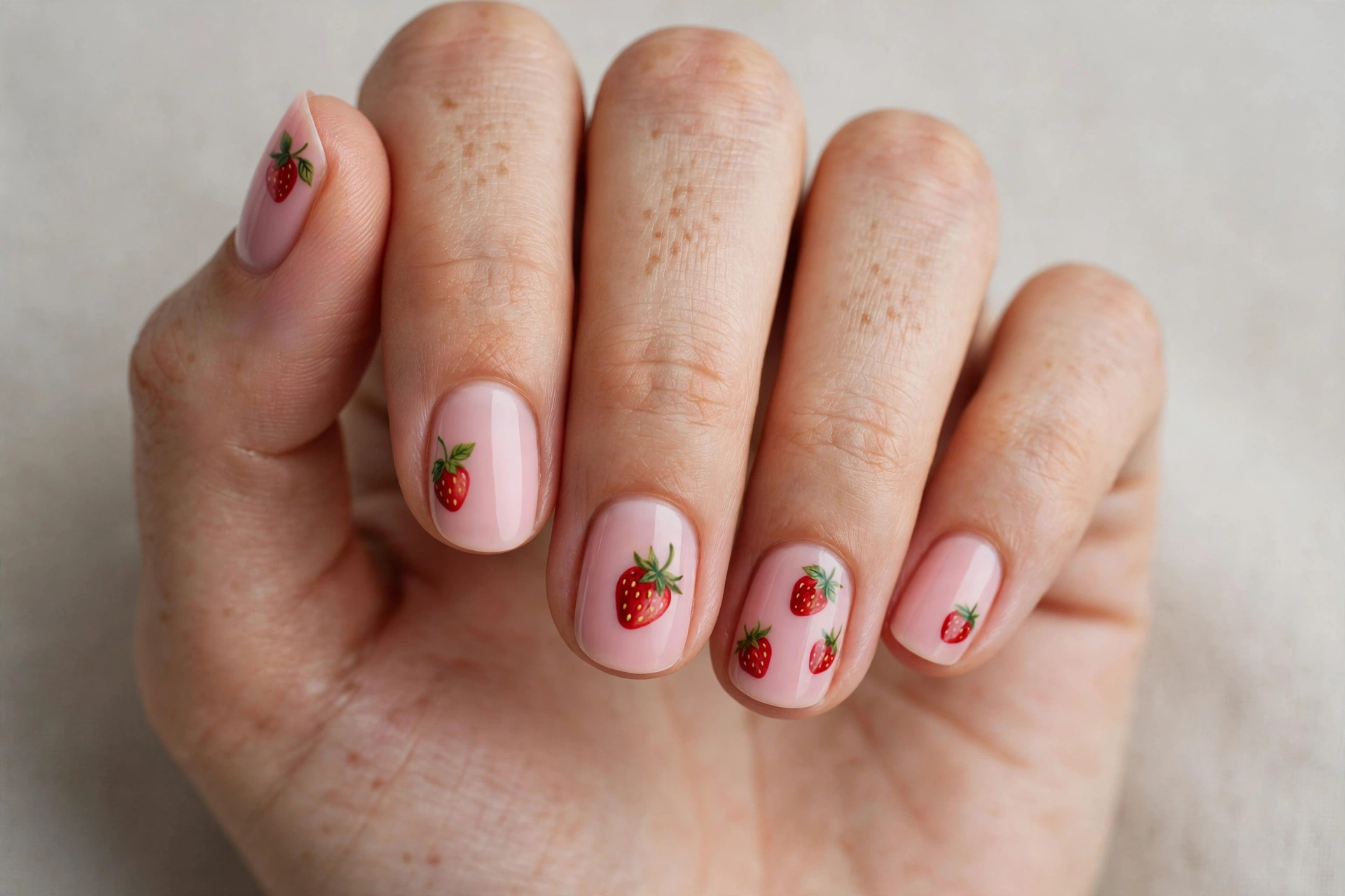 Classic red strawberry nail art on a soft pink base, short nails