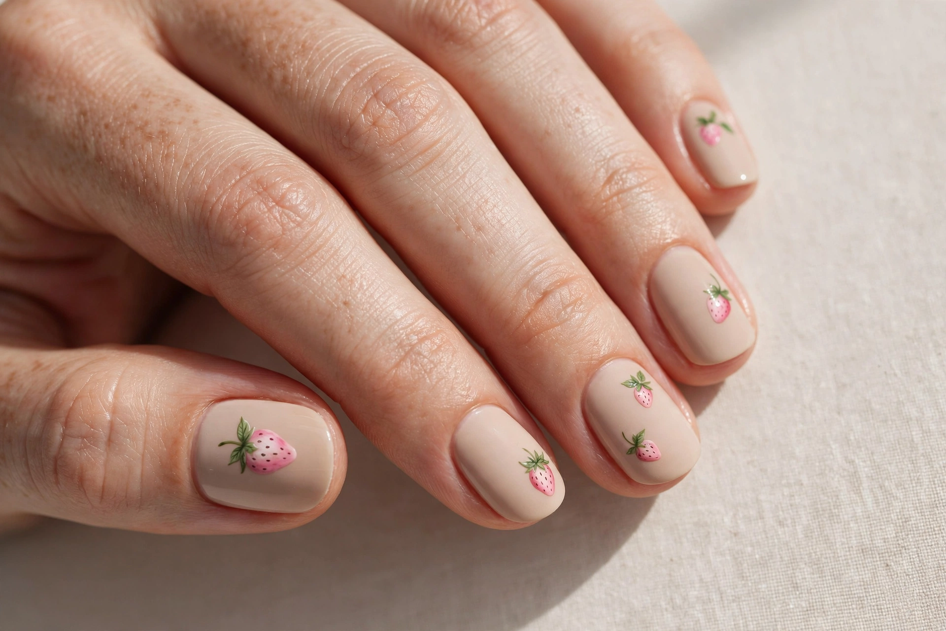 Delicate pink strawberry nail art on a nude beige base, short nails