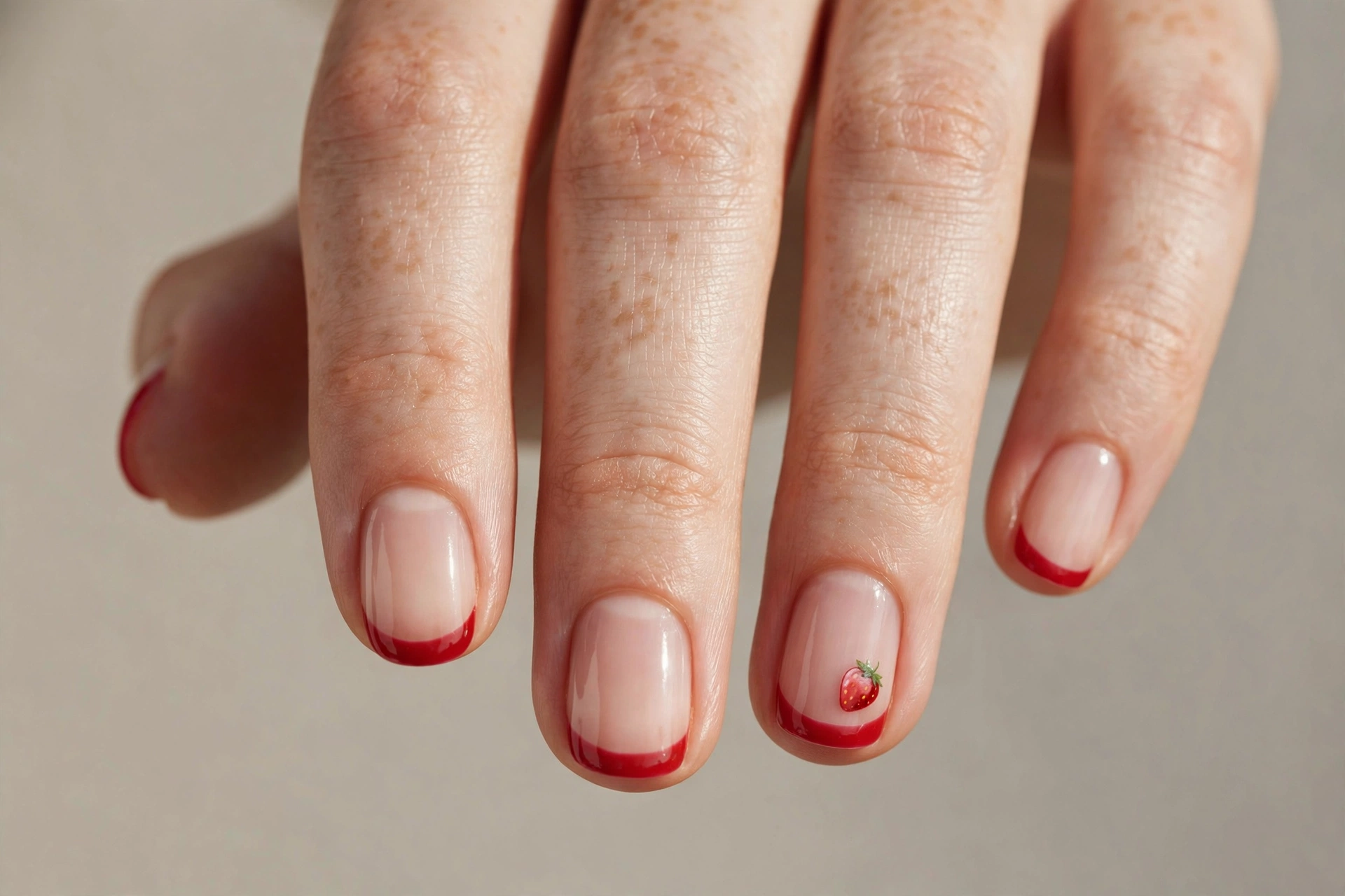Strawberry french tip nails with red tips and tiny strawberry accent, short nails