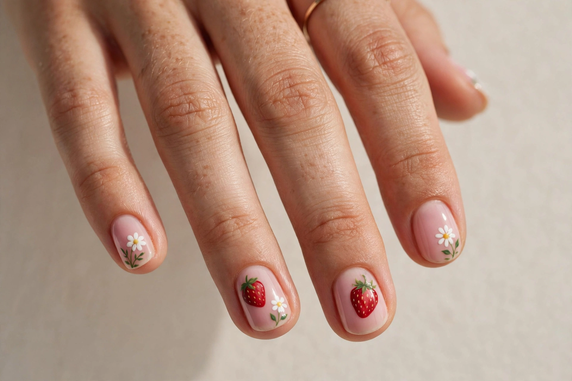 Strawberry and white daisy nail art on pink base, short nails