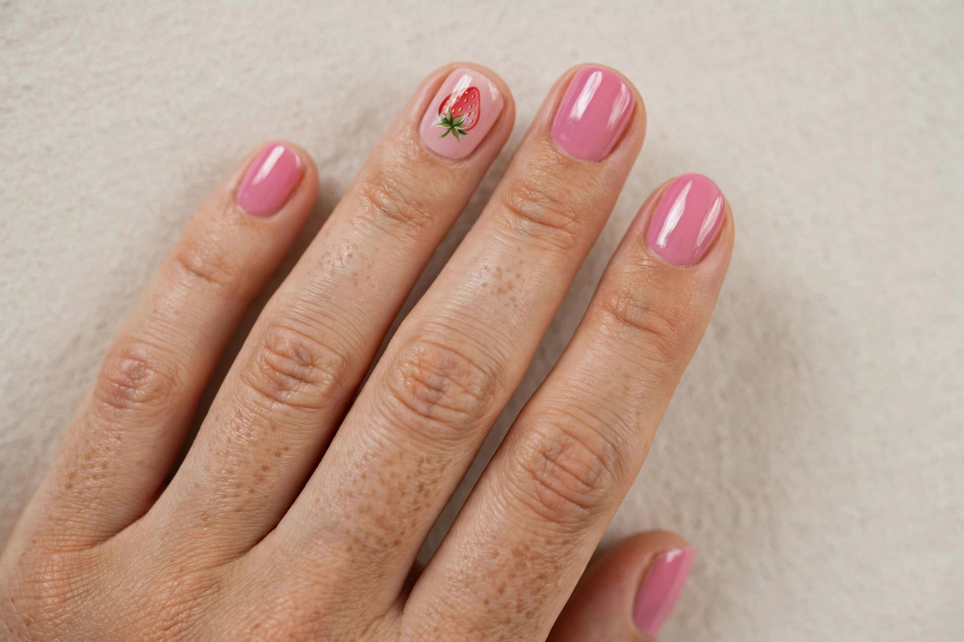 Single strawberry accent nail with solid glossy pink nails, short nails