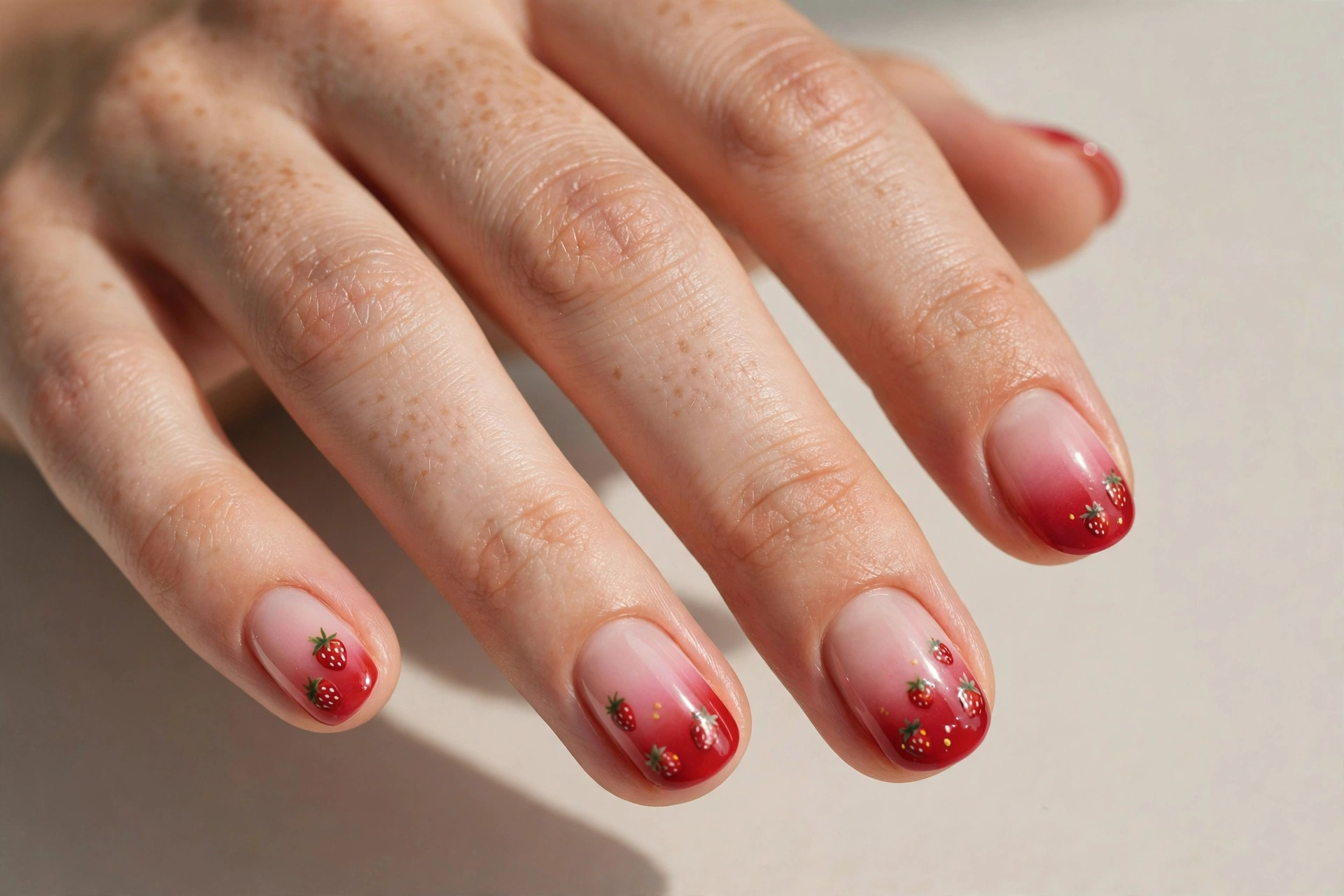 Pink to red strawberry ombre gradient nail art, short nails