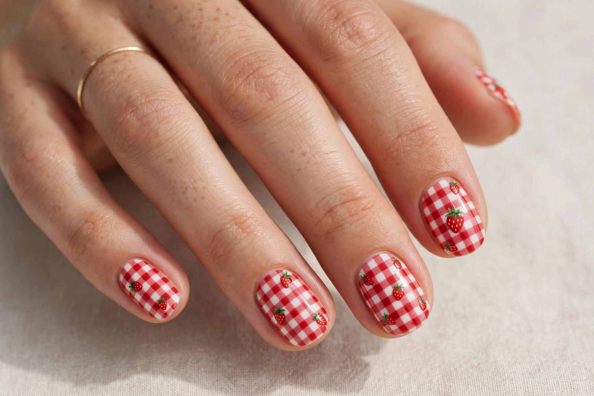 Red and white strawberry gingham picnic check nail art, short nails