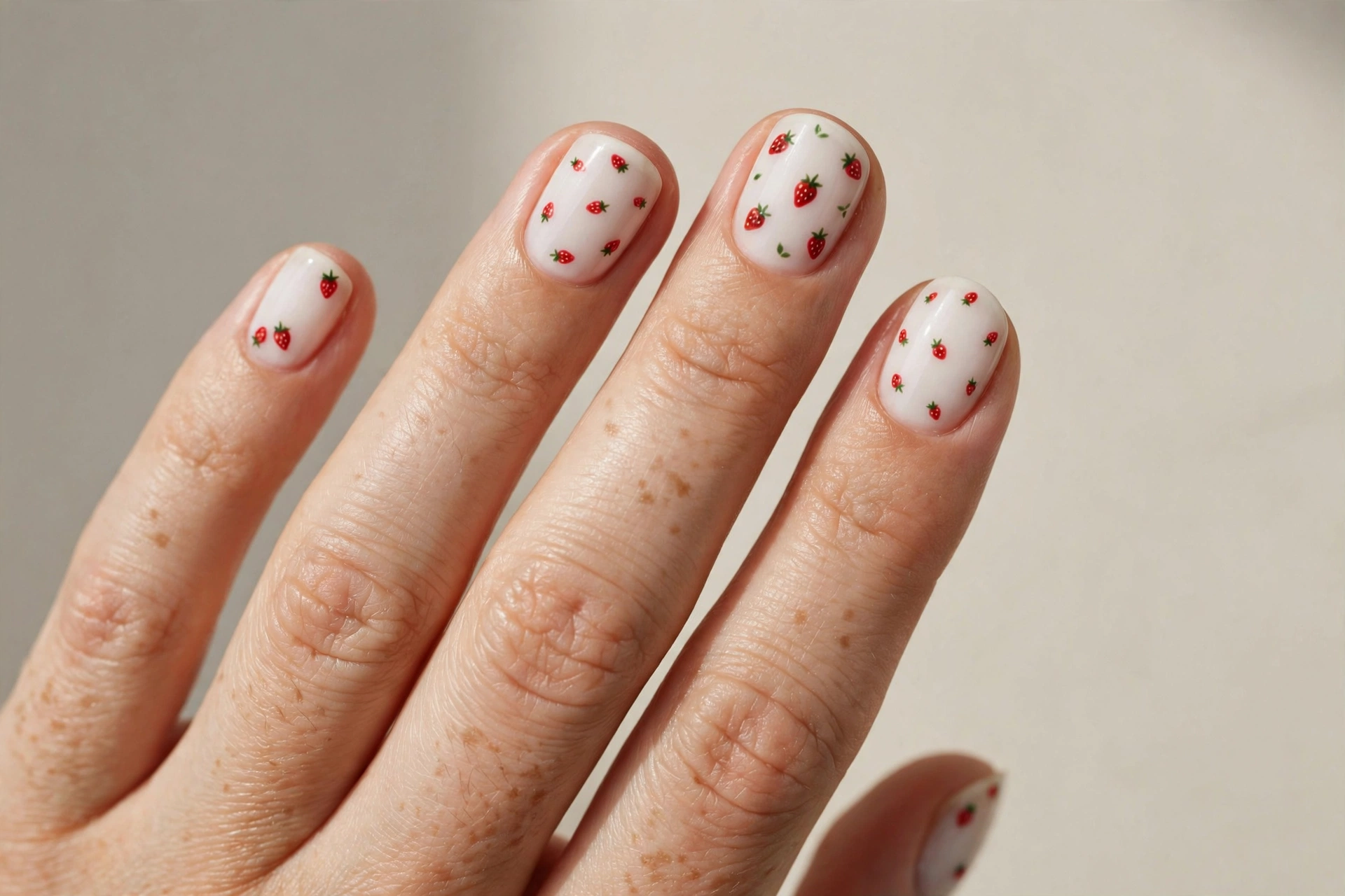 Tiny scattered strawberry dots nail art on milky white base, short nails