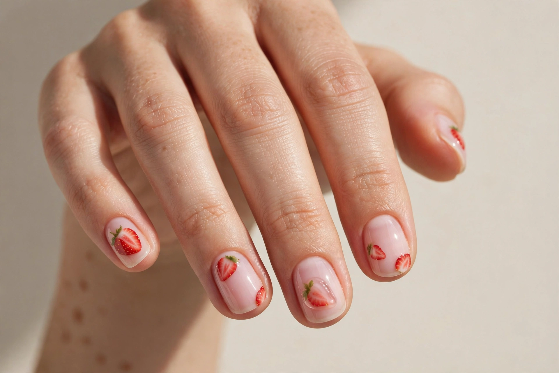 Strawberry milk nails with milky pink base and sliced strawberries, short nails