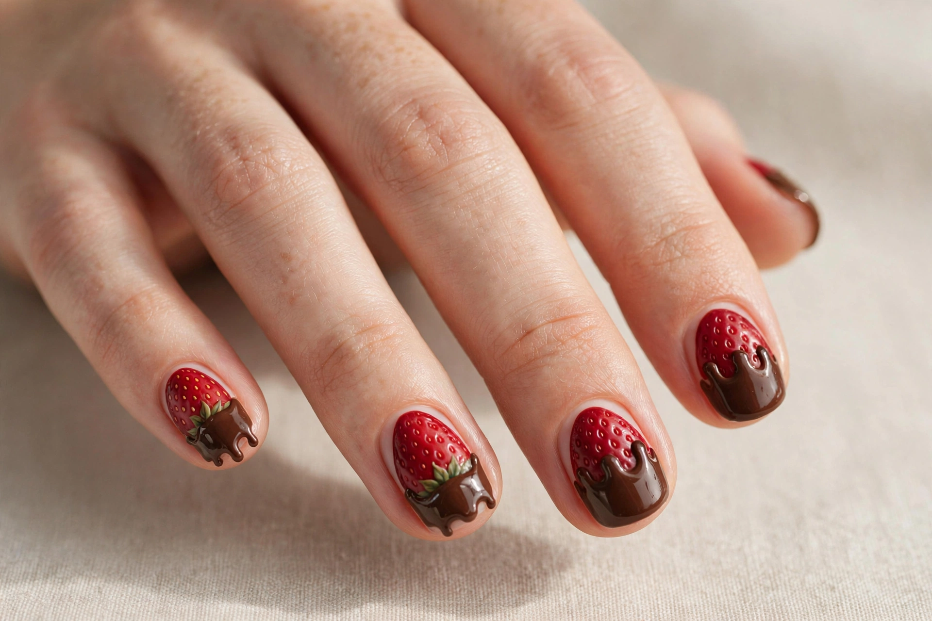 Chocolate-covered strawberry nail art with glossy brown tips, short nails
